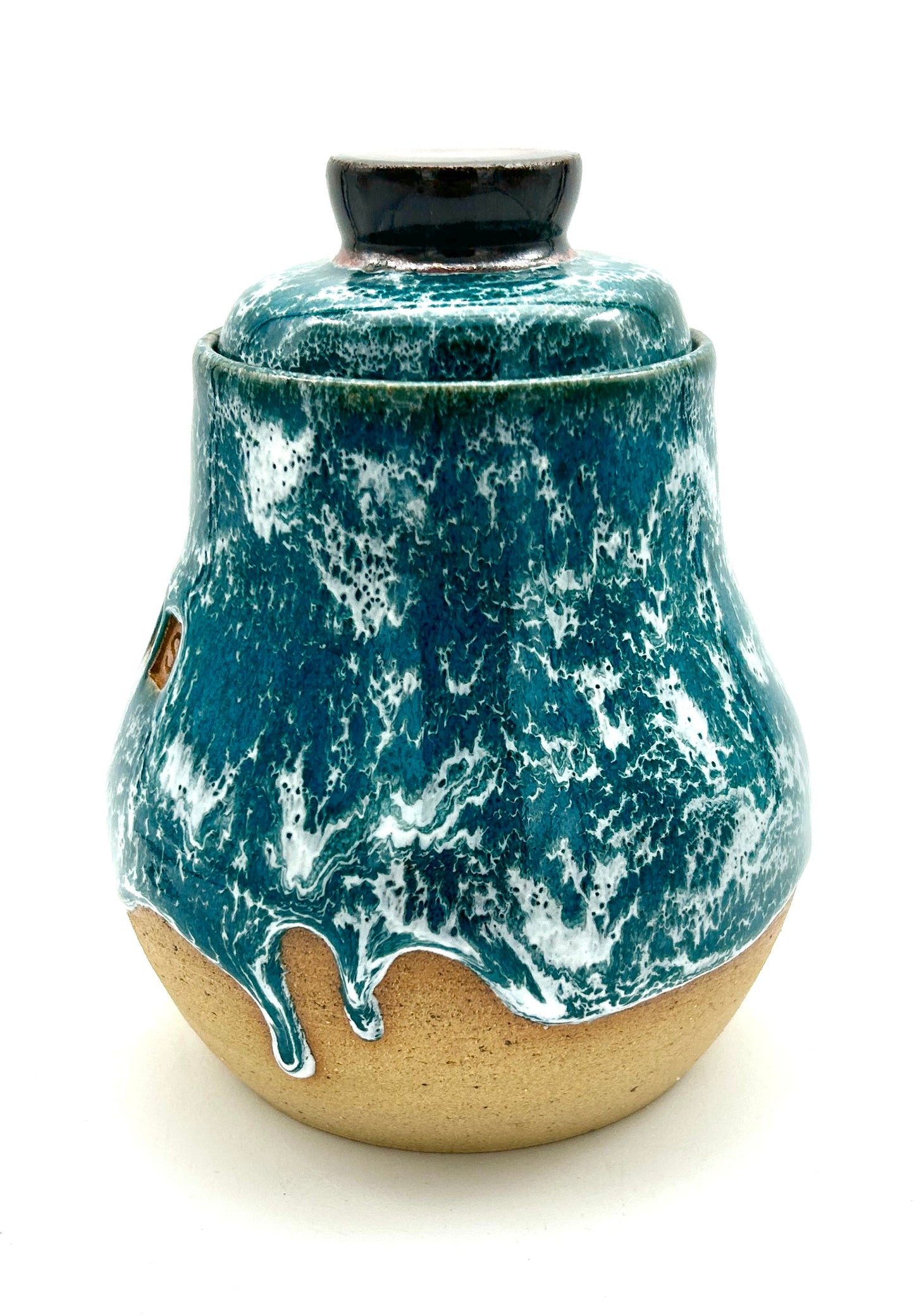 'Drugs' lidded jar in frosted jade glazes
