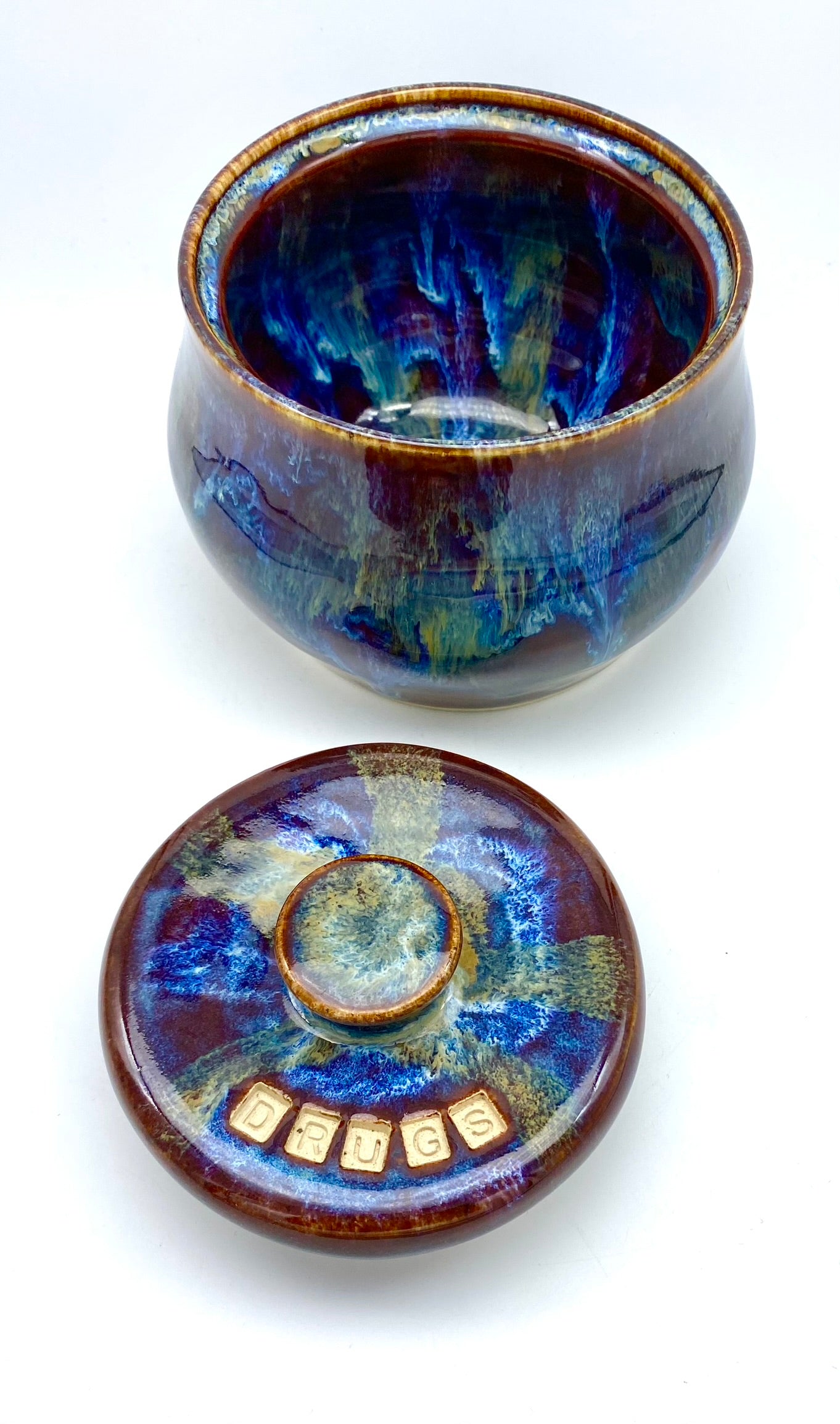 SECOND 'Drugs' lidded pot - for tea, coffee, toiletries, jewellery or decorative