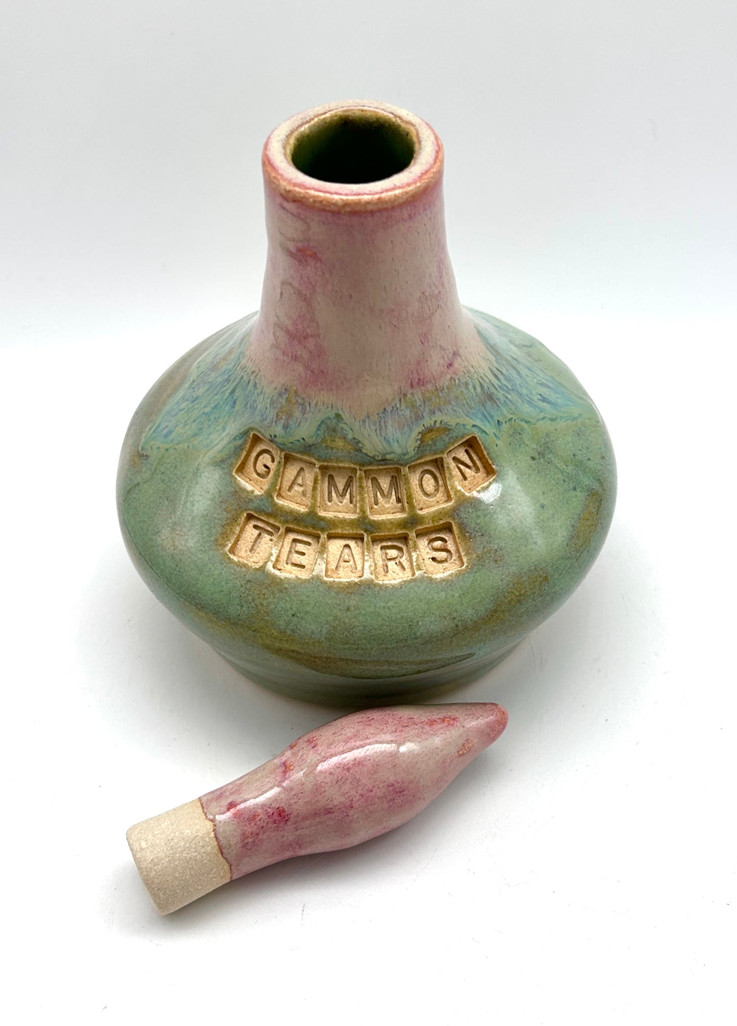 SECOND Gammon tears decanter in pinks and greens