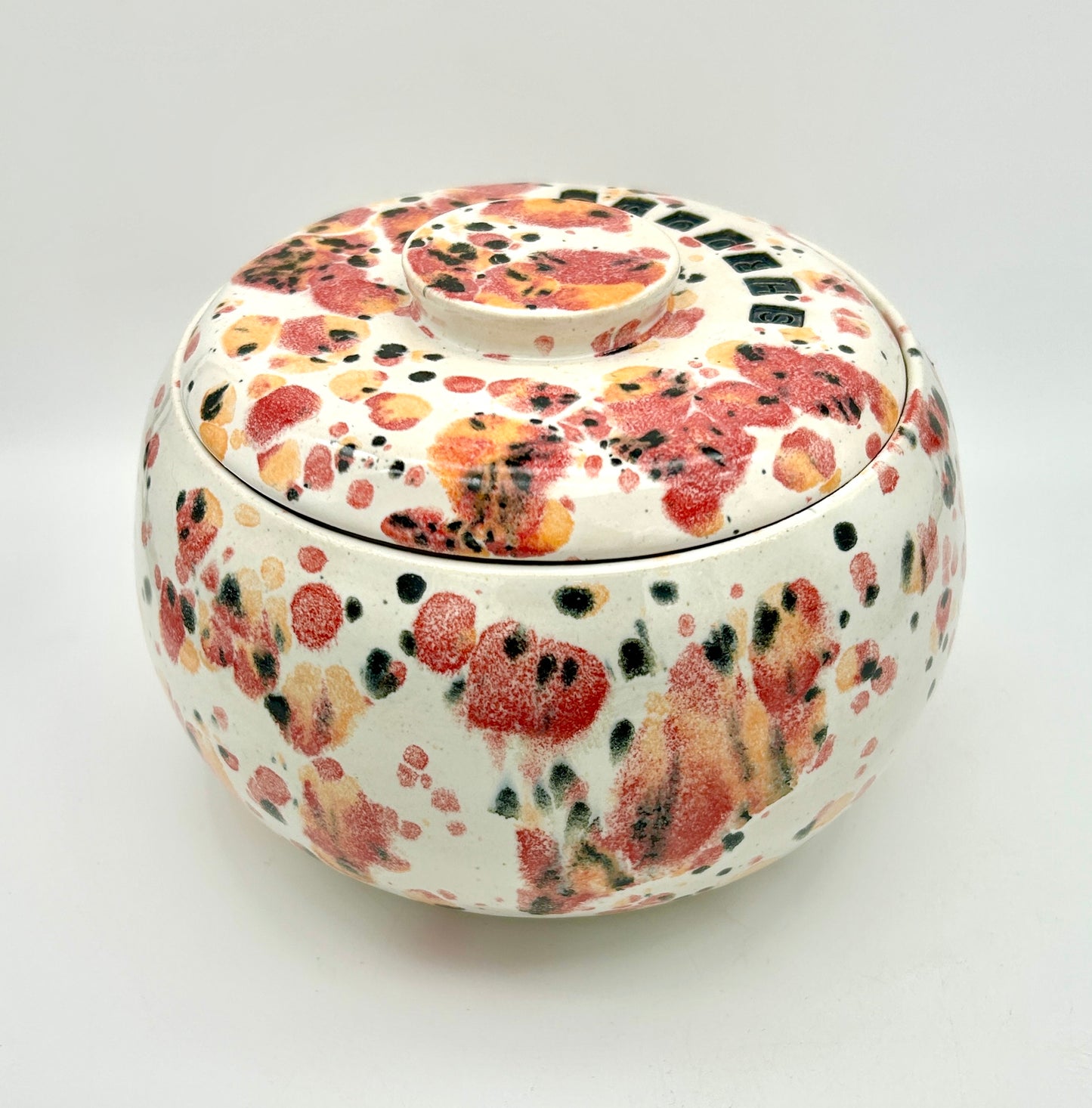SECOND Fat lidded 'shrooms' pot in a fruity speckled glaze