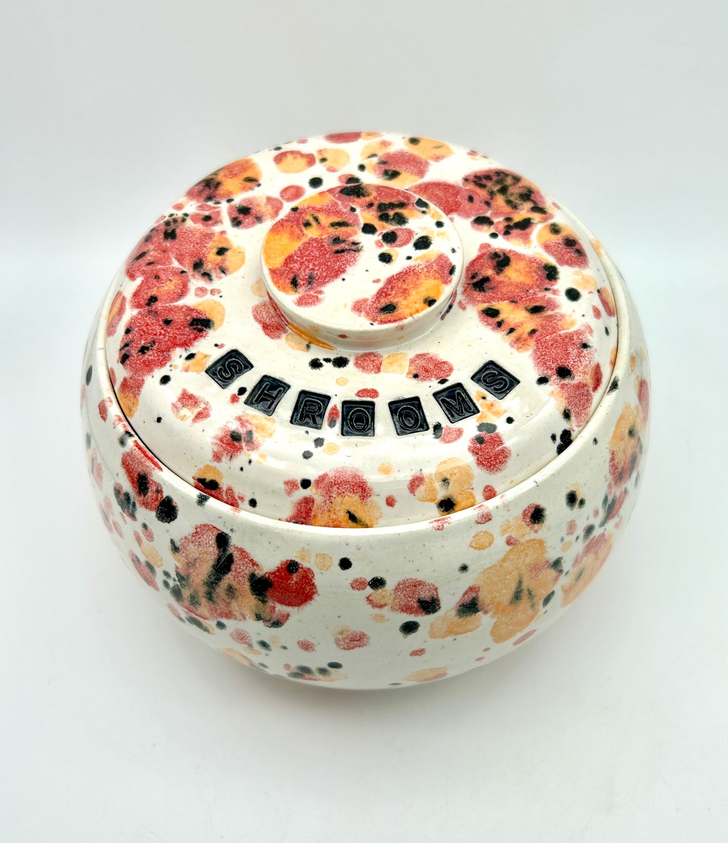 SECOND Fat lidded 'shrooms' pot in a fruity speckled glaze