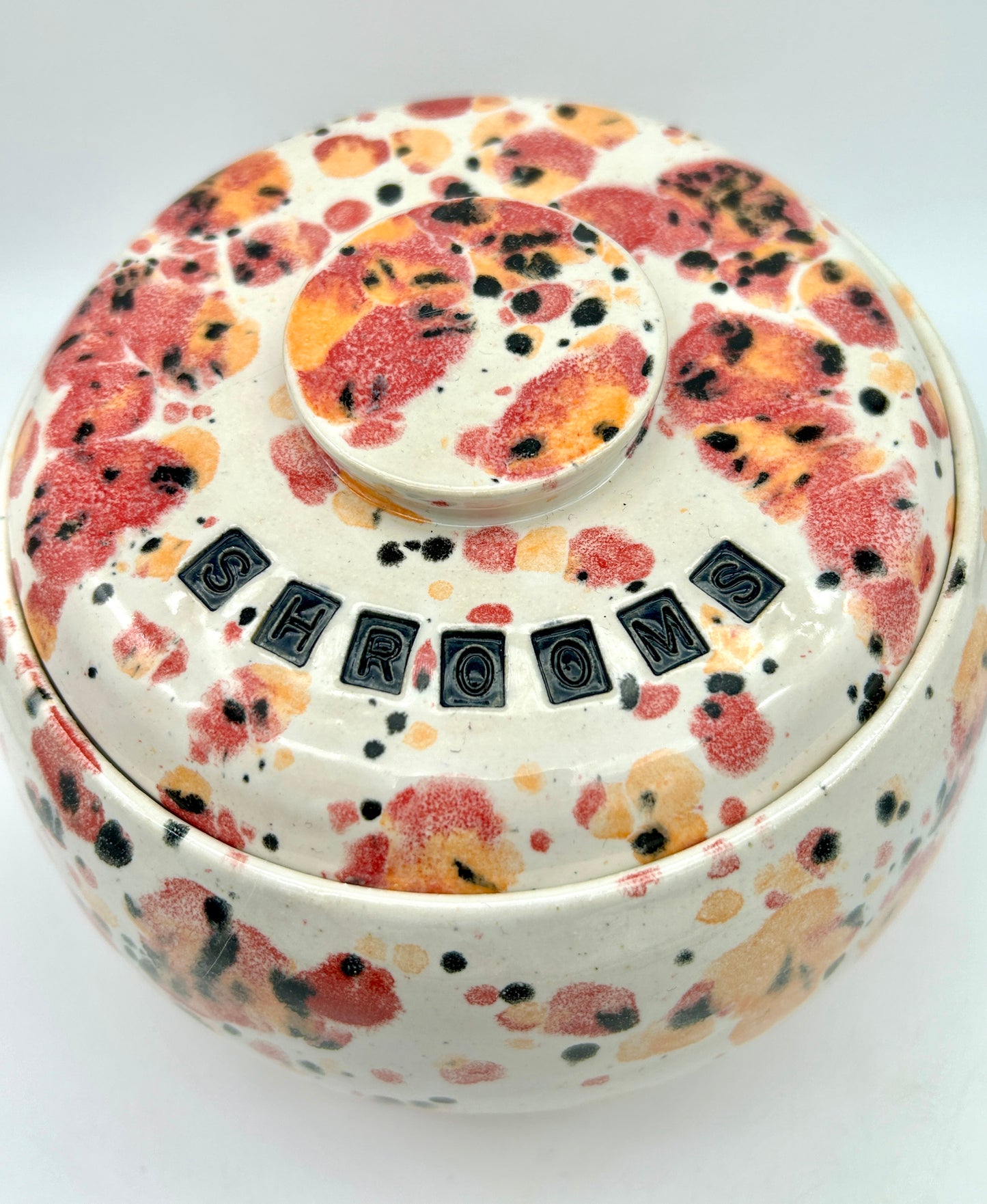 SECOND Fat lidded 'shrooms' pot in a fruity speckled glaze