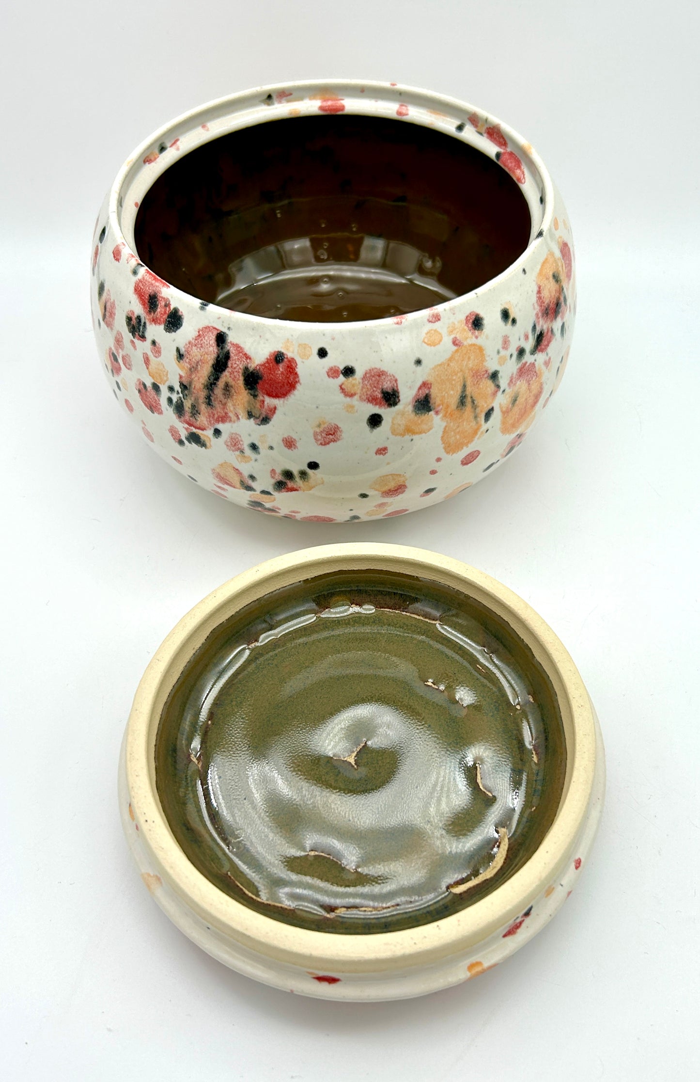 SECOND Fat lidded 'shrooms' pot in a fruity speckled glaze