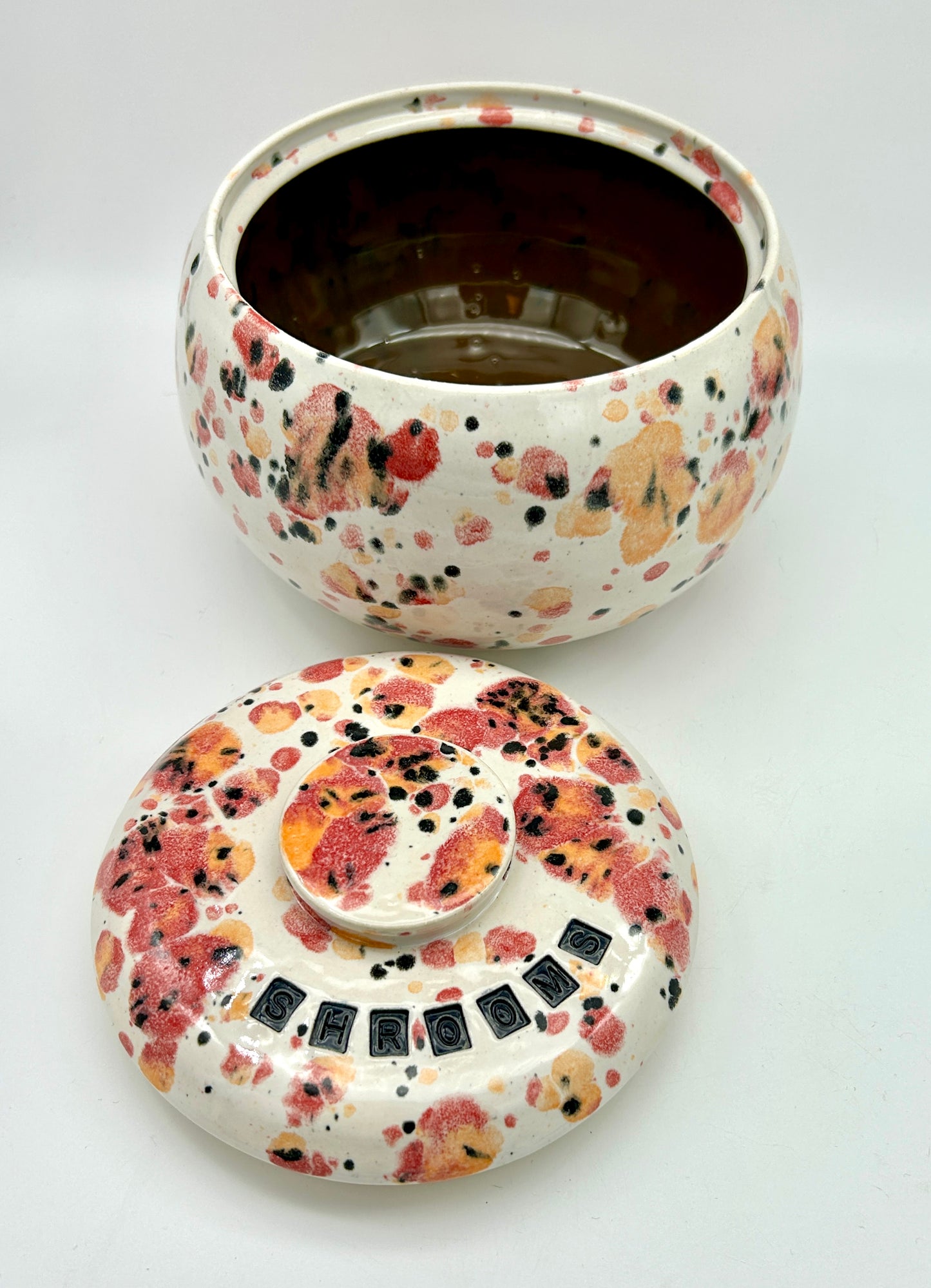 SECOND Fat lidded 'shrooms' pot in a fruity speckled glaze