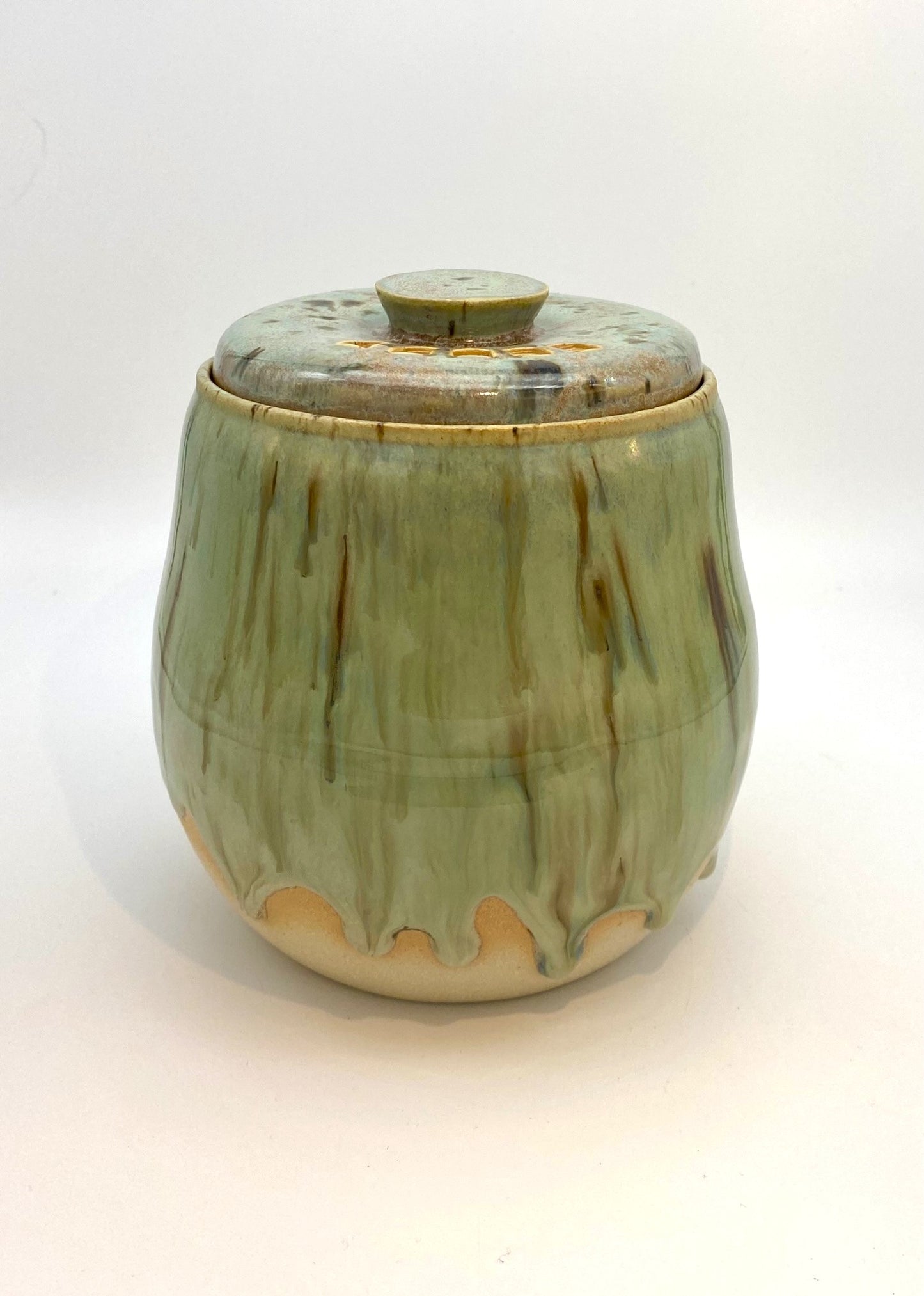'Drugs' lidded canister in greens - for tea, coffee, toiletries