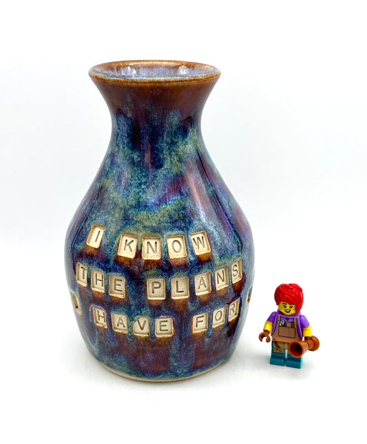 'I know the plans I have for you' Bible verse vase in 'heathery moors' glazes