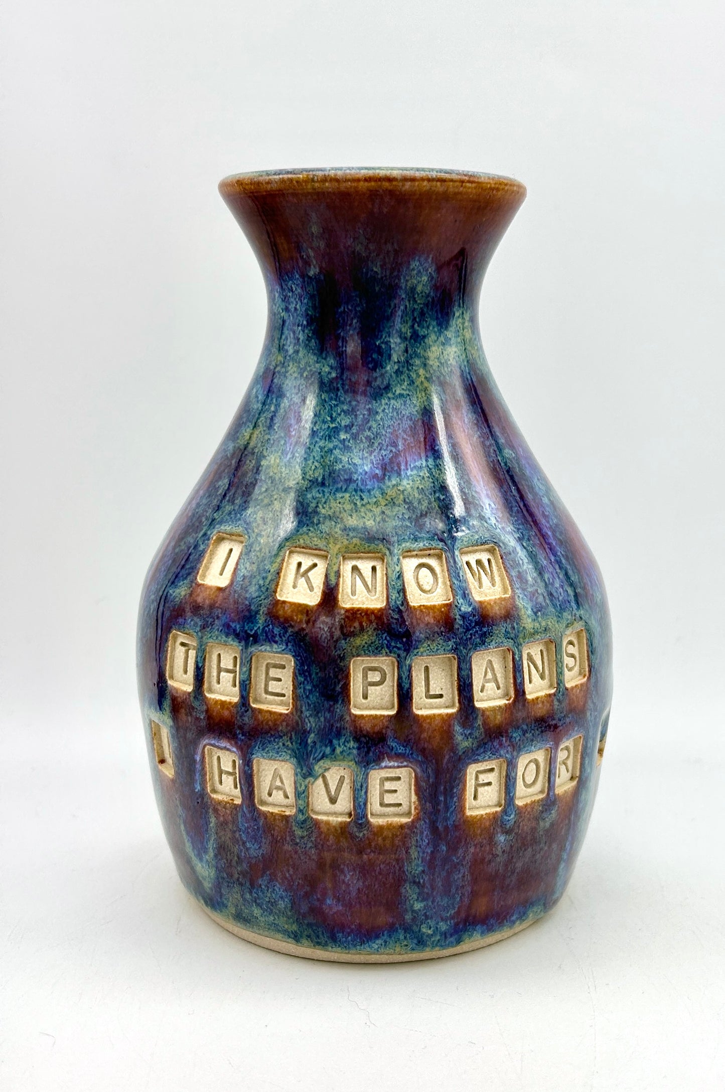 'I know the plans I have for you' Bible verse vase in 'heathery moors' glazes