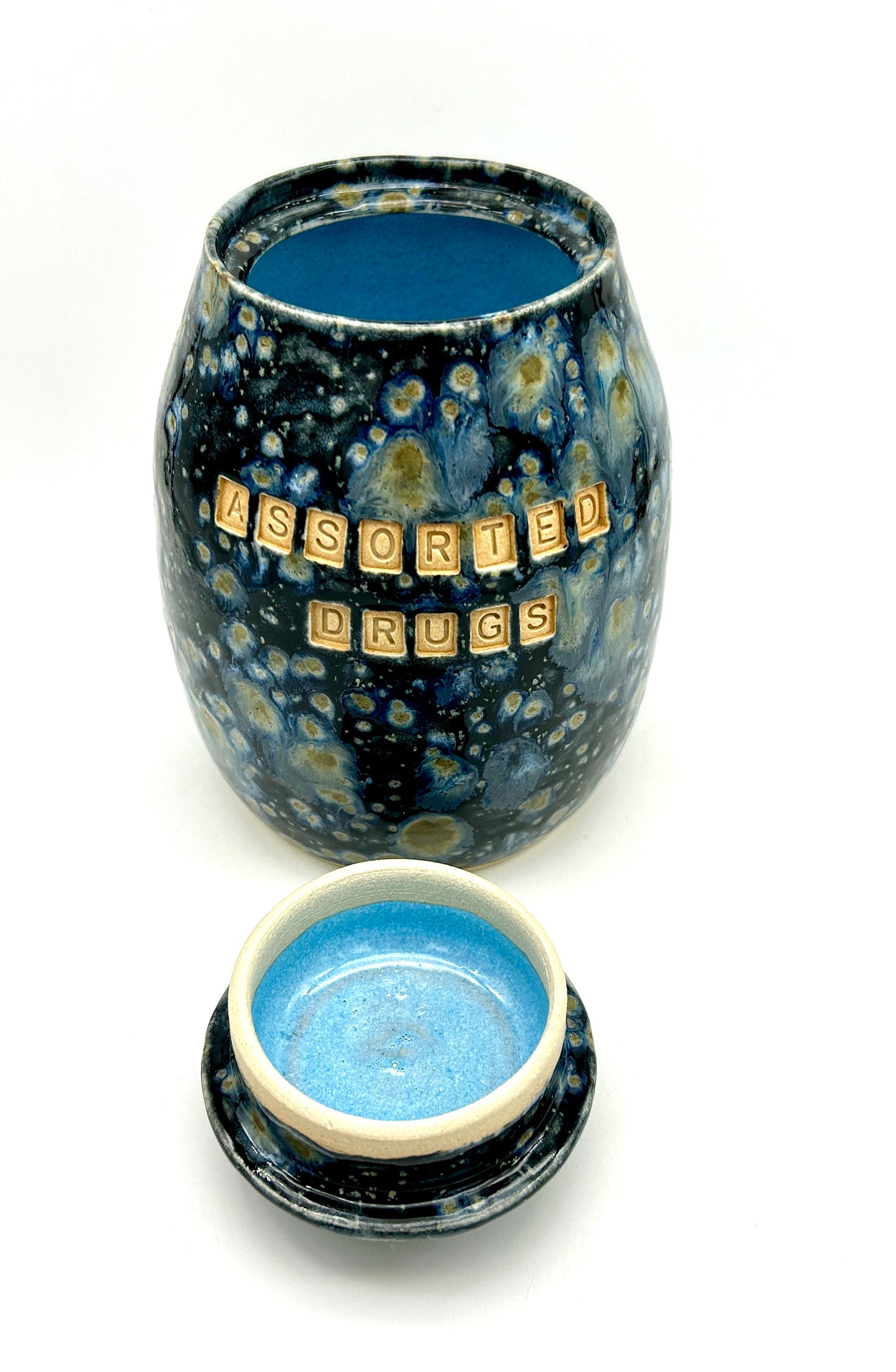 'Assorted drugs' lidded pot in galaxy glazes