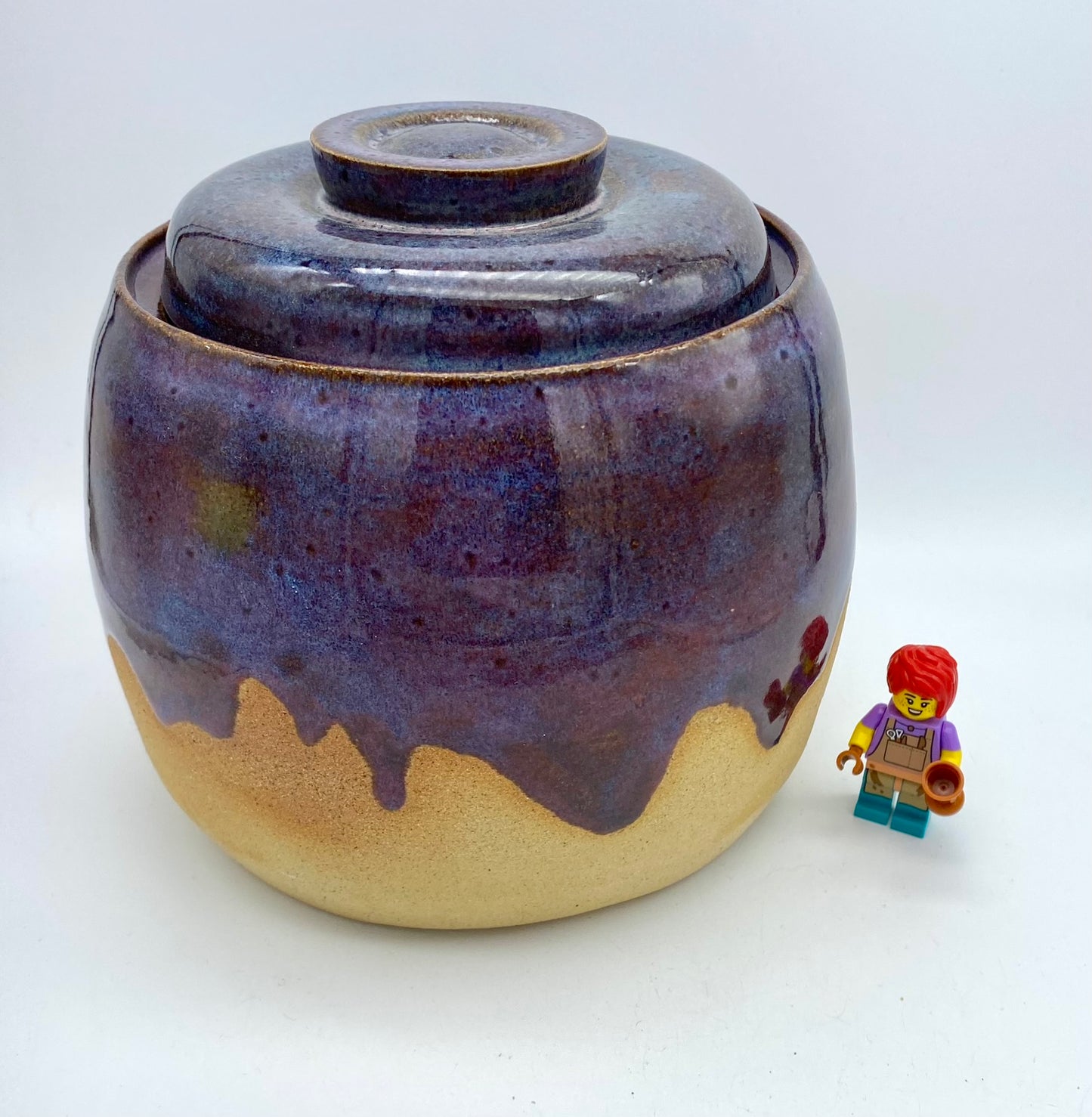 SECOND (barely!) Lidded pot in rich purples on toasty clay