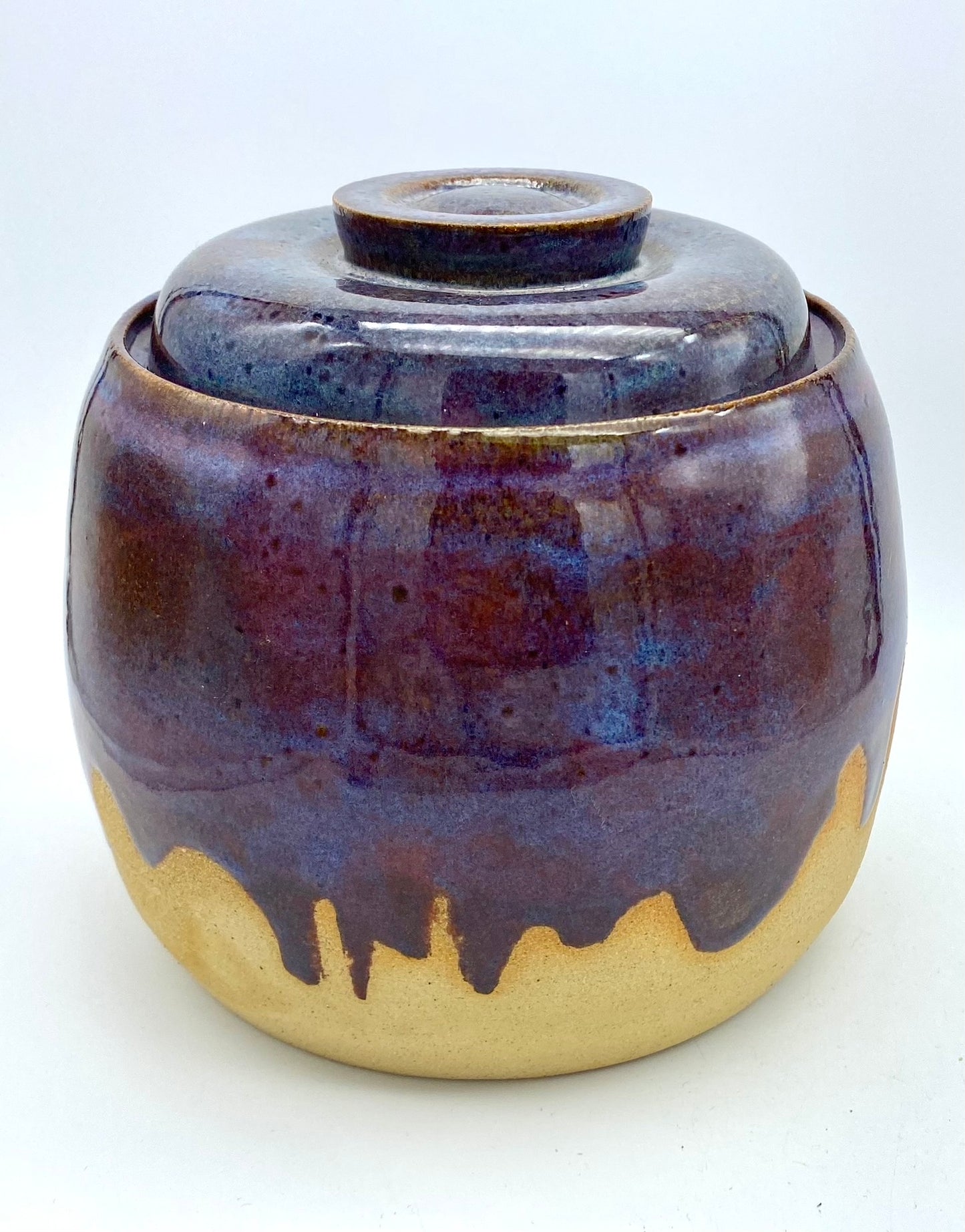 SECOND (barely!) Lidded pot in rich purples on toasty clay