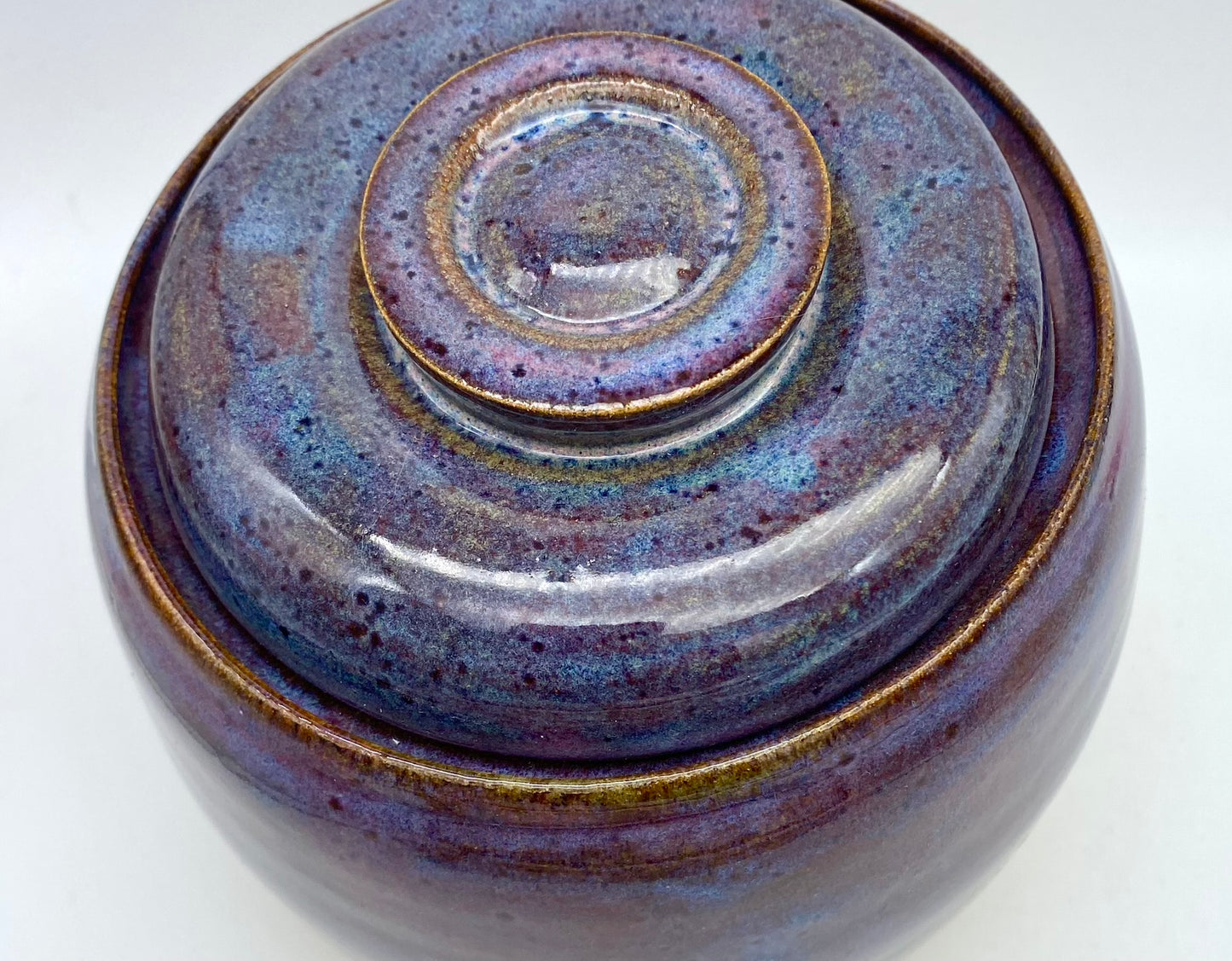 SECOND (barely!) Lidded pot in rich purples on toasty clay