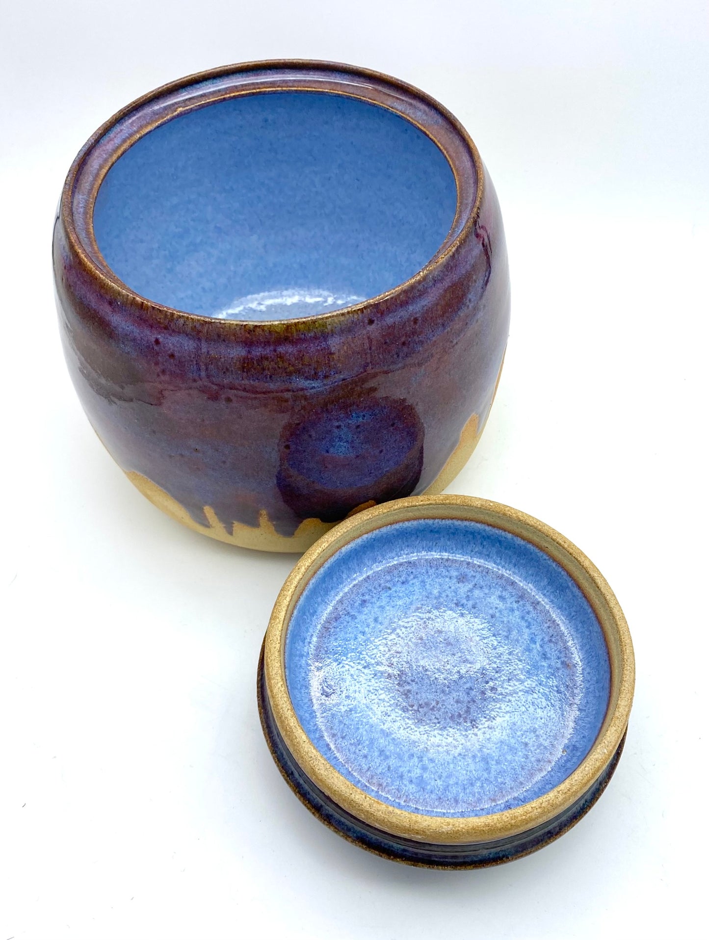 SECOND (barely!) Lidded pot in rich purples on toasty clay