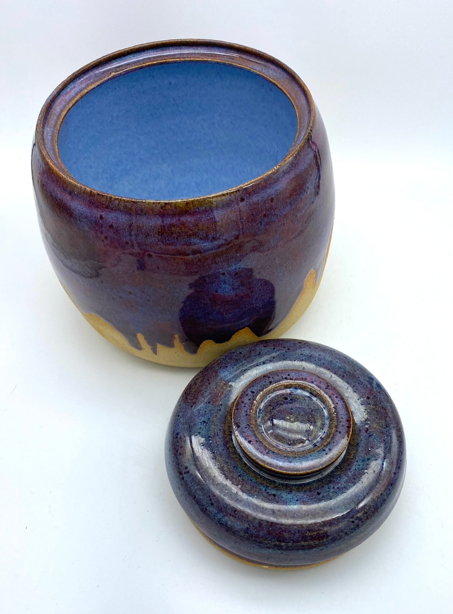 SECOND (barely!) Lidded pot in rich purples on toasty clay