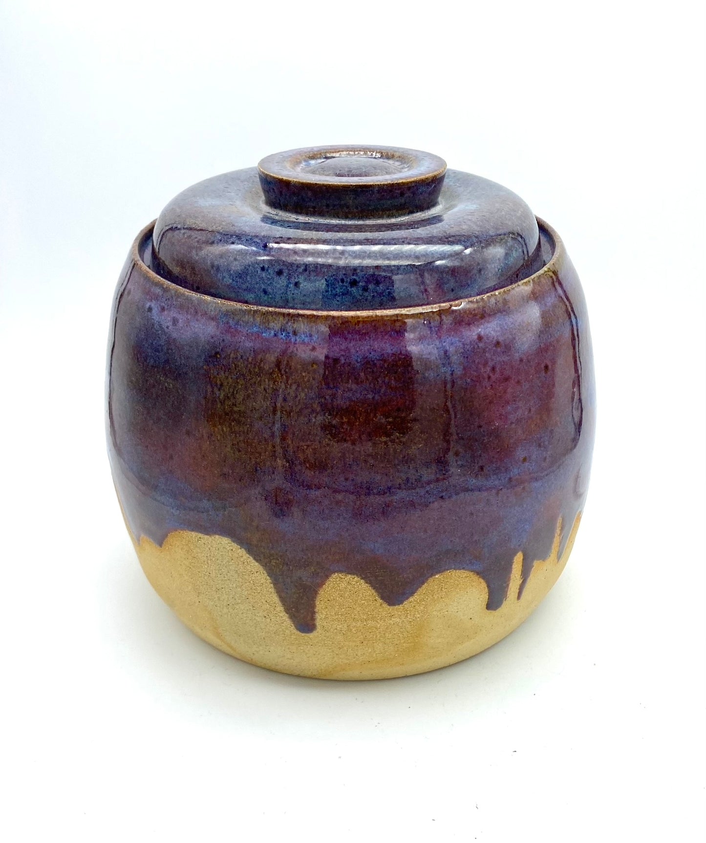 SECOND (barely!) Lidded pot in rich purples on toasty clay