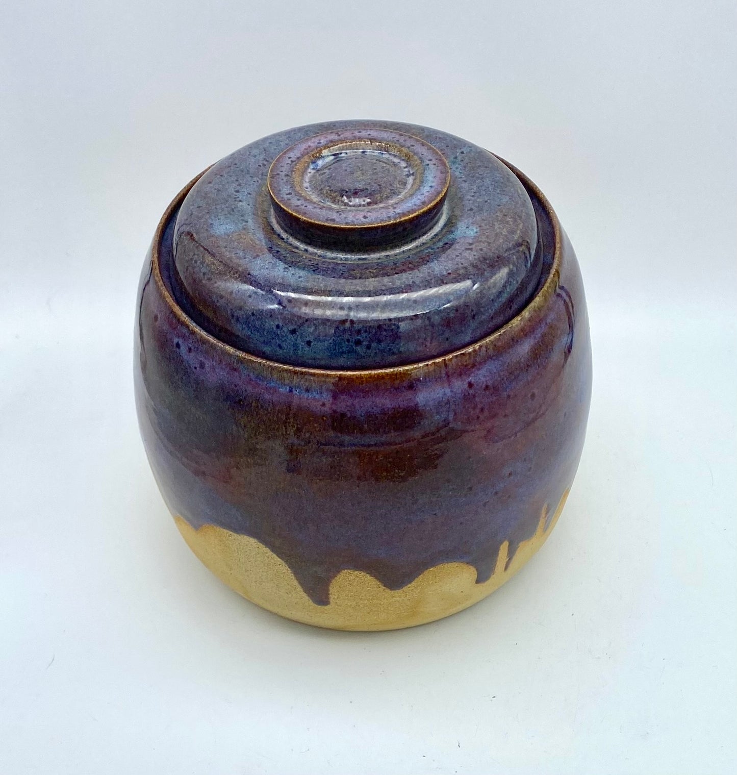 SECOND (barely!) Lidded pot in rich purples on toasty clay