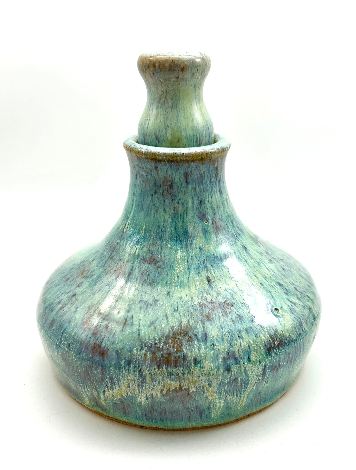 'Tory tears' decanter in toasty clay and green glazes