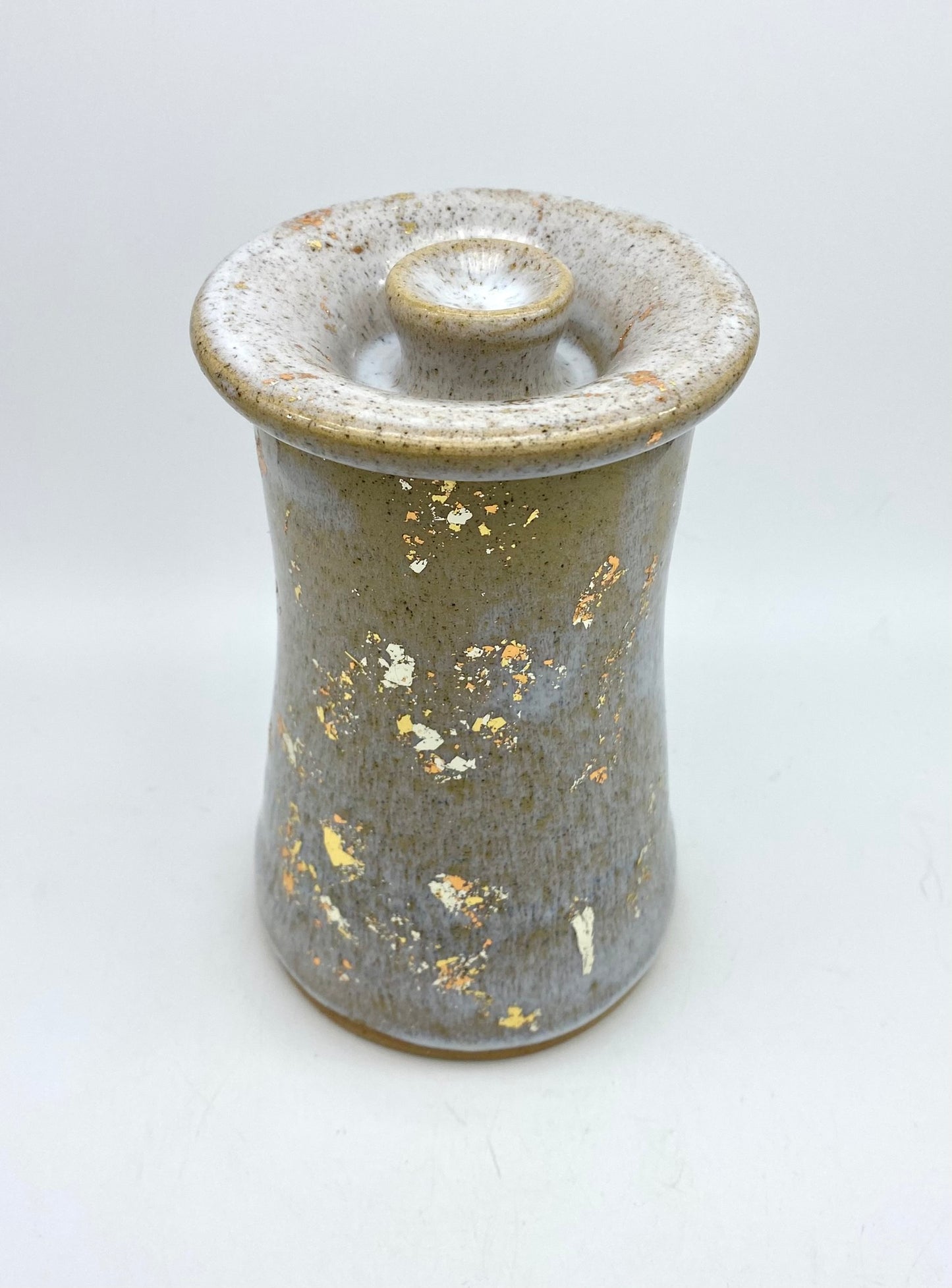 SECOND Lidded pot with copper, gold and silver leaf