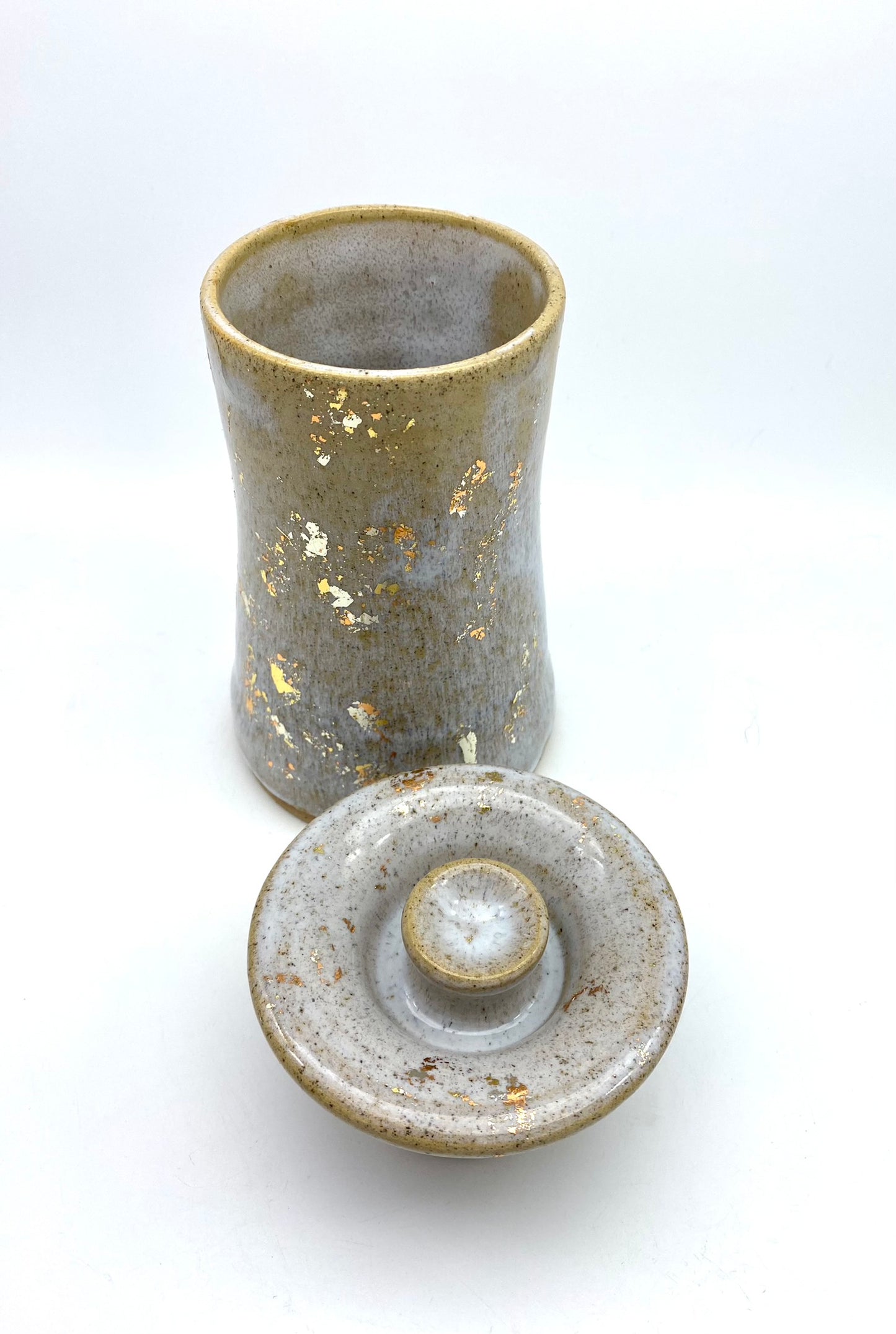 SECOND Lidded pot with copper, gold and silver leaf