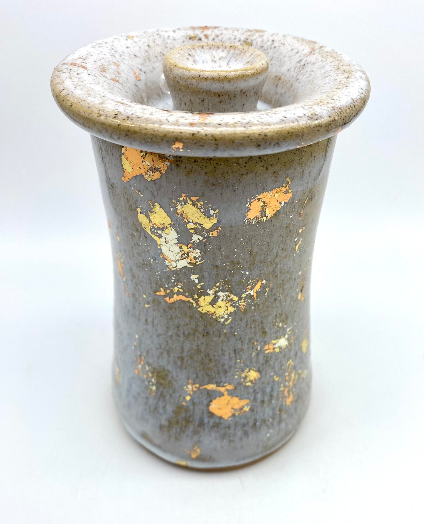 SECOND Lidded pot with copper, gold and silver leaf