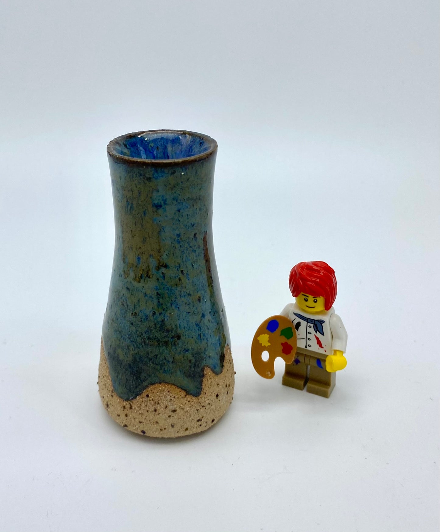 SECOND Micro bud vase in toasty clay with blue glazes