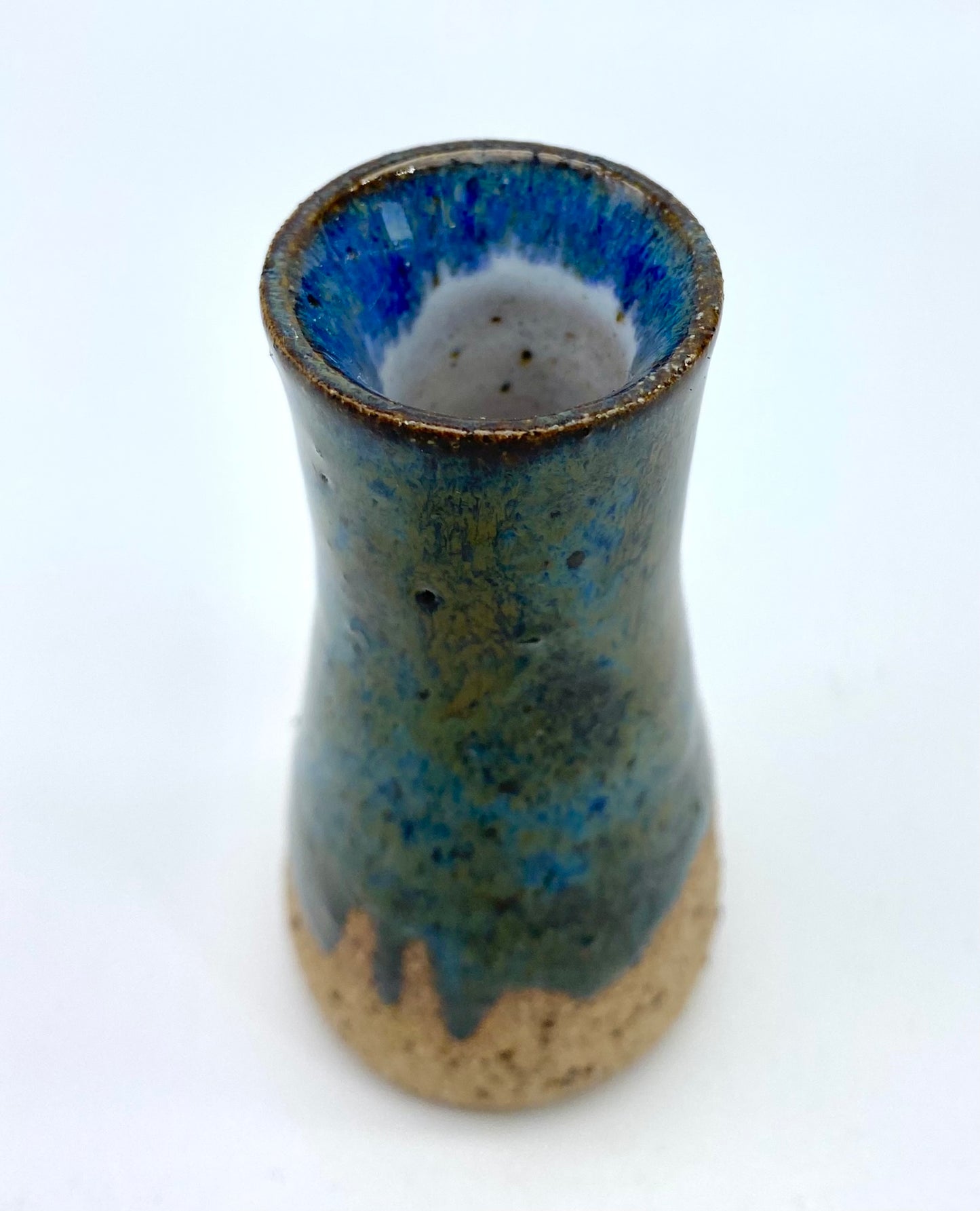 SECOND Micro bud vase in toasty clay with blue glazes