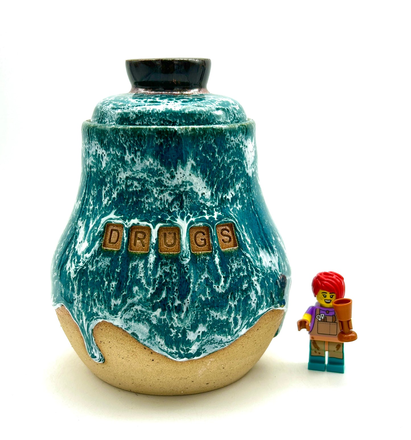 'Drugs' lidded jar in frosted jade glazes