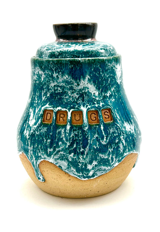 'Drugs' lidded jar in frosted jade glazes
