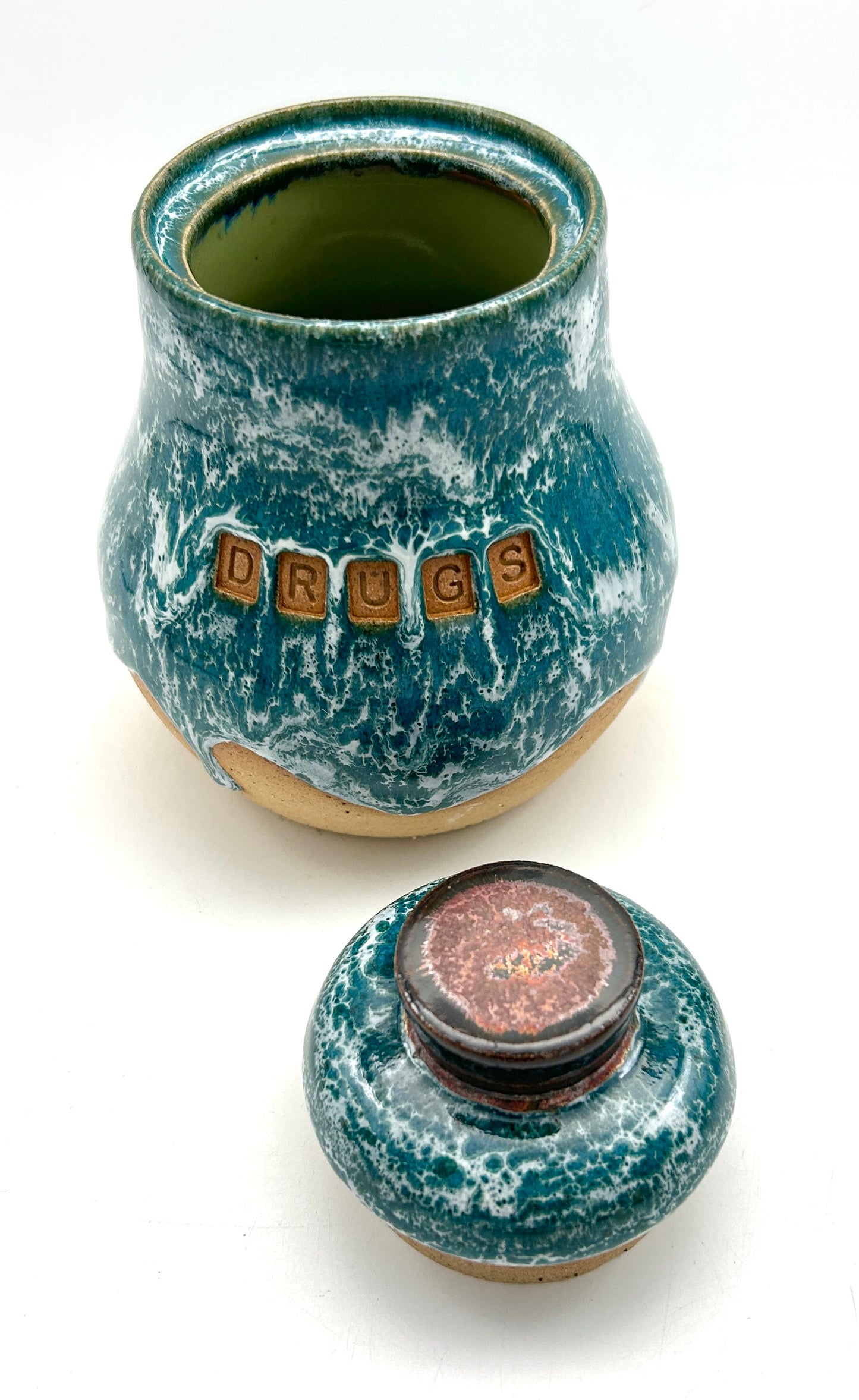 'Drugs' lidded jar in frosted jade glazes
