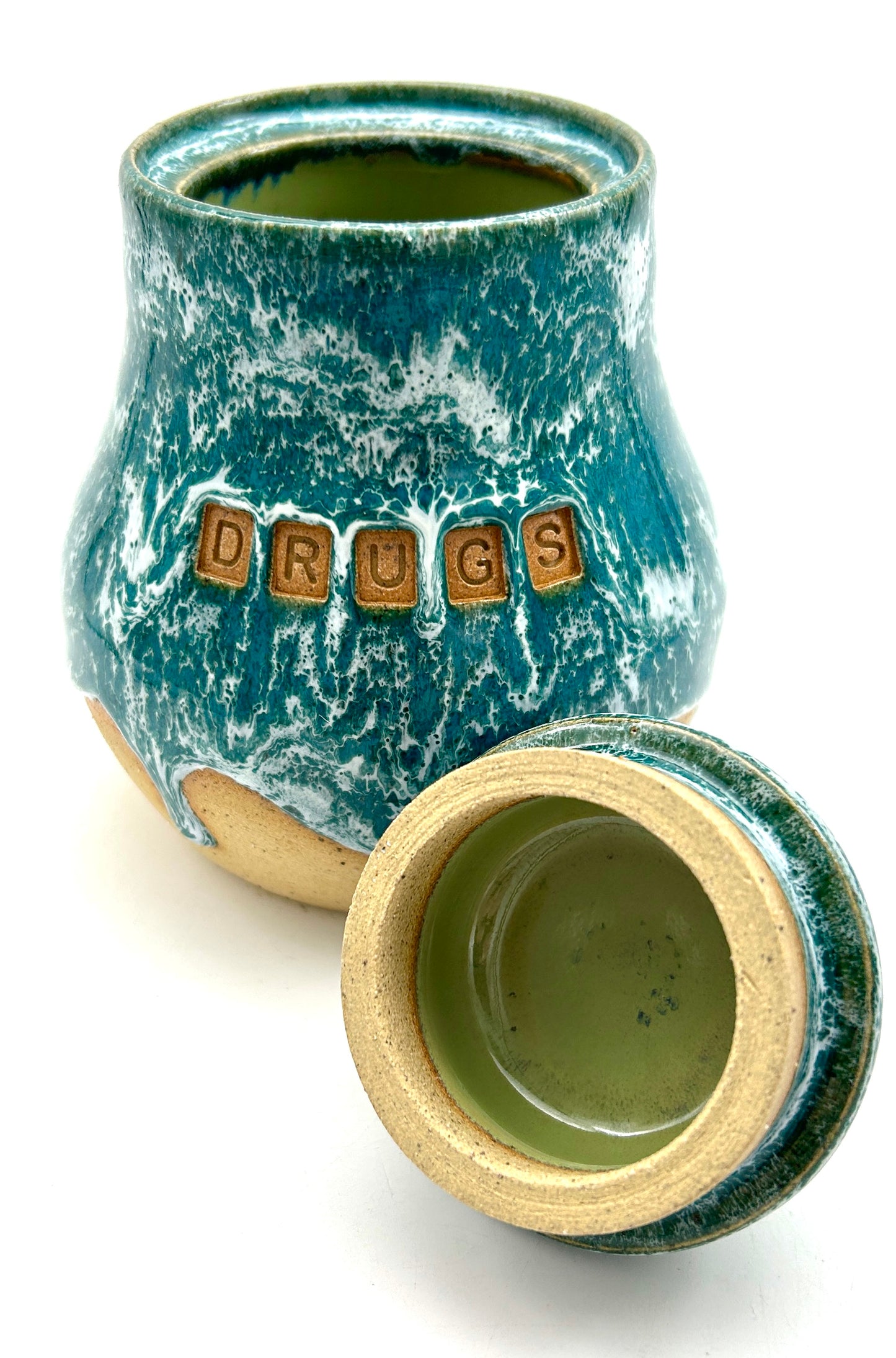 'Drugs' lidded jar in frosted jade glazes
