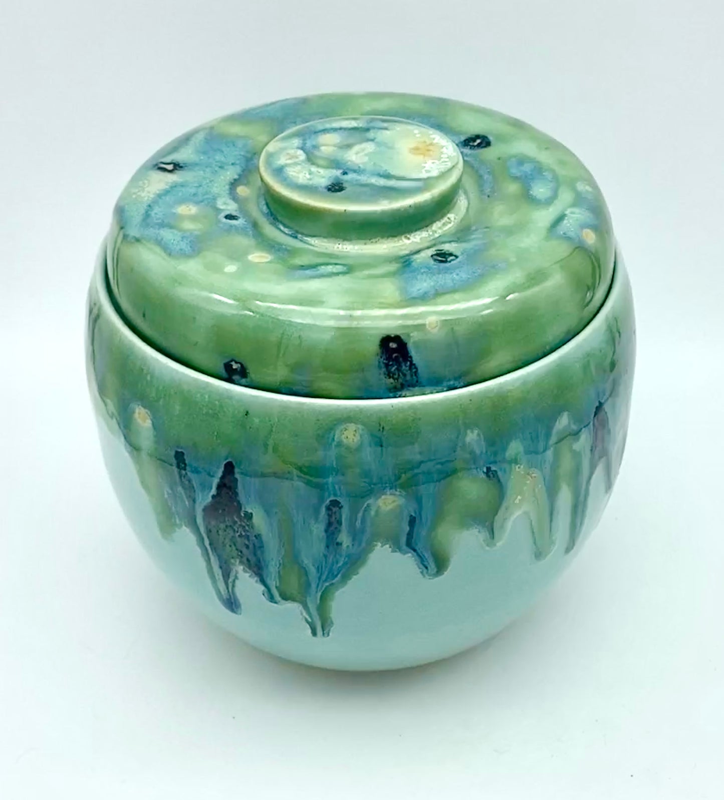 SECOND Lidded pot in lovely greens