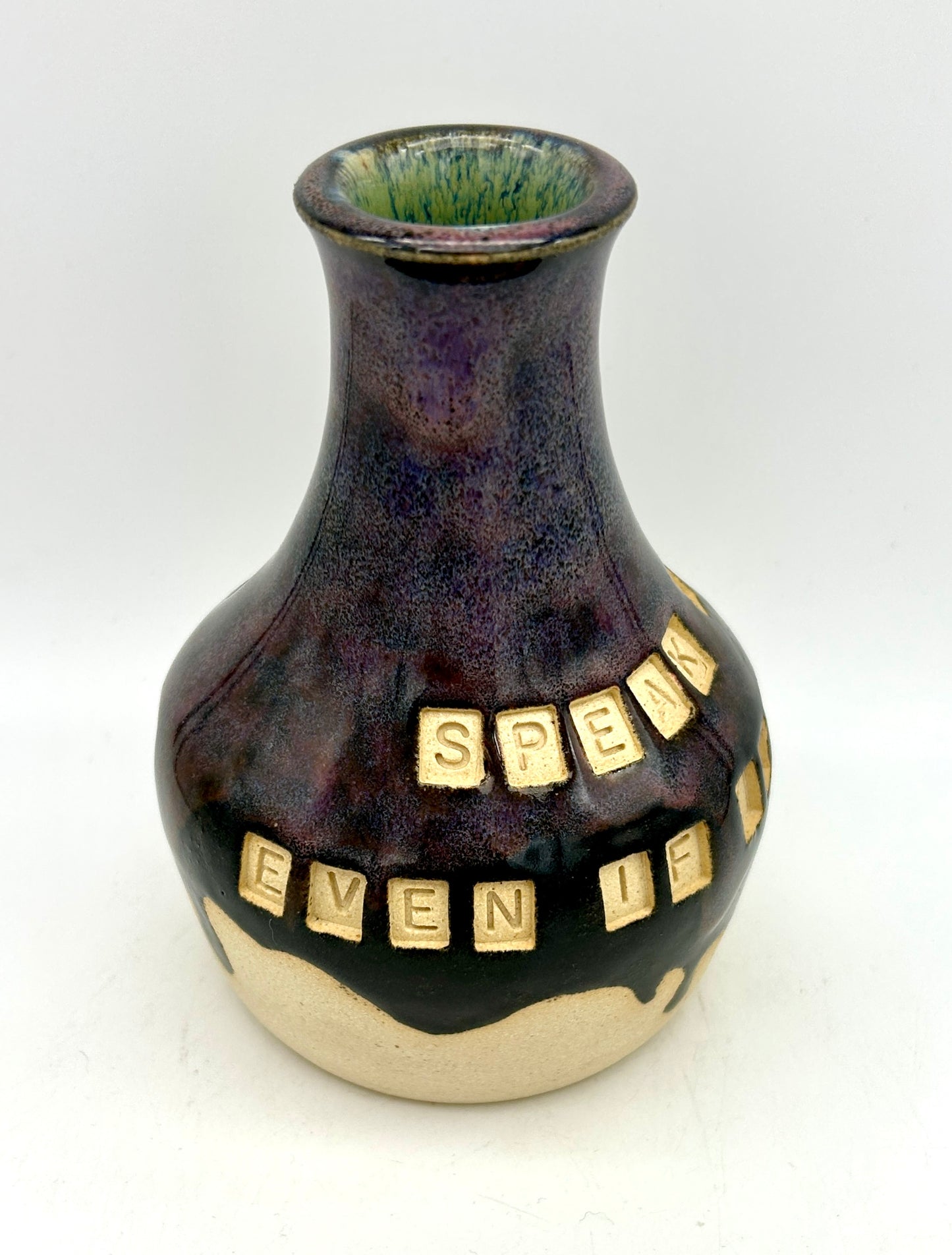 'Speak the truth, even if your voice shakes' bud vase in dark purples