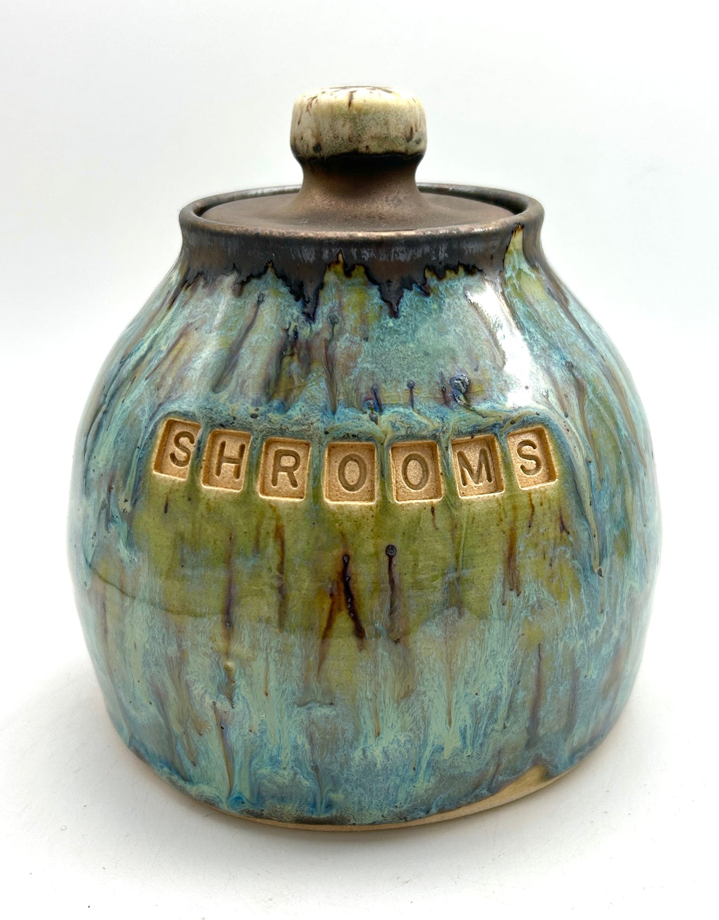 'Shrooms' lidded jar in flowing greens