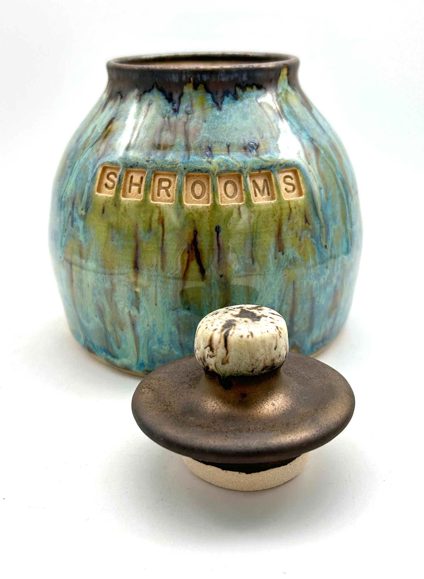 'Shrooms' lidded jar in flowing greens