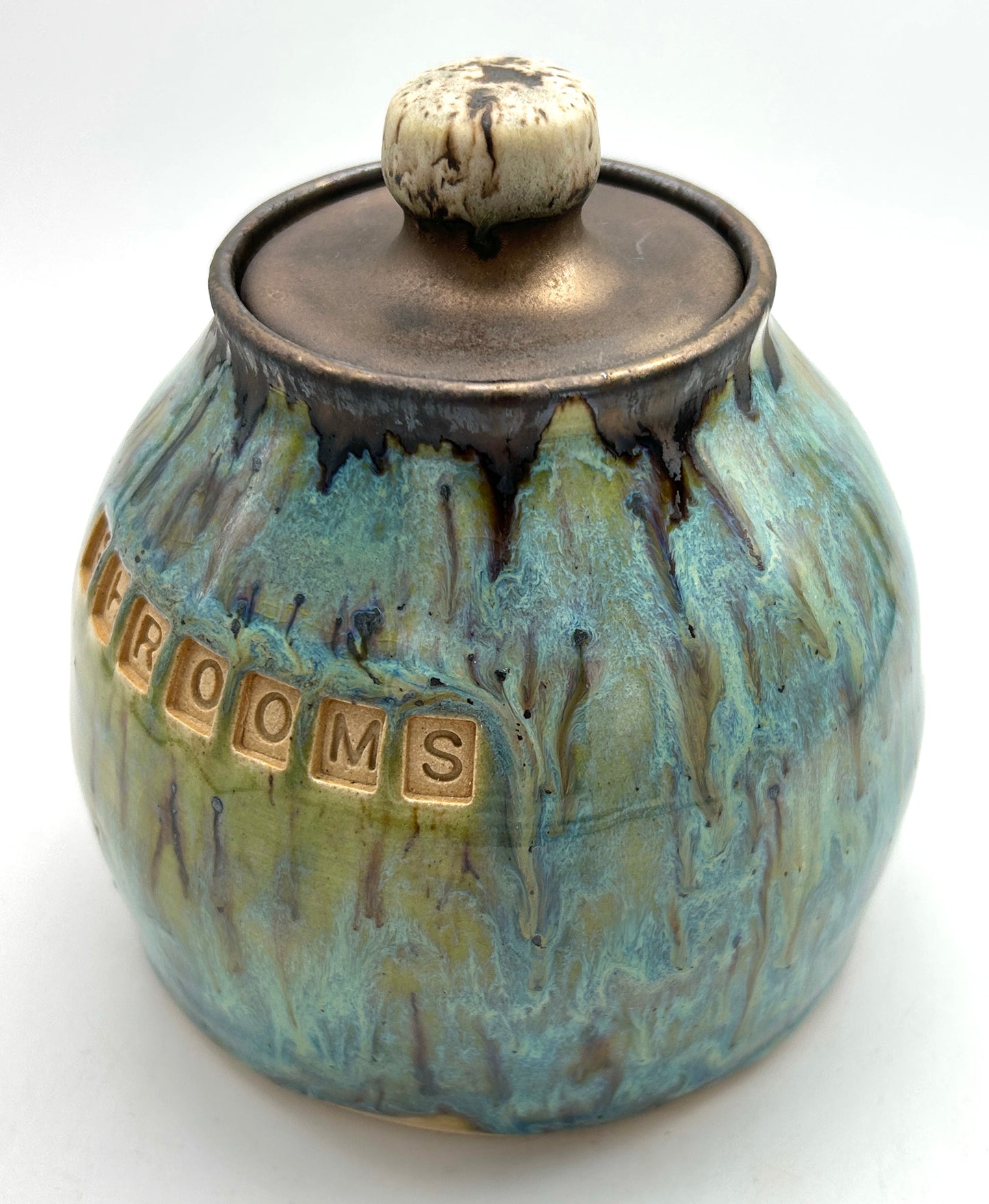 'Shrooms' lidded jar in flowing greens