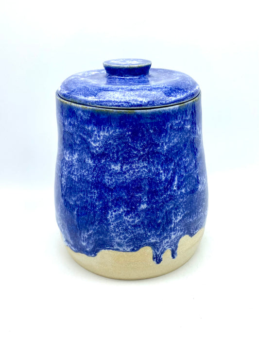 Vibrant lidded pot in mottled blues