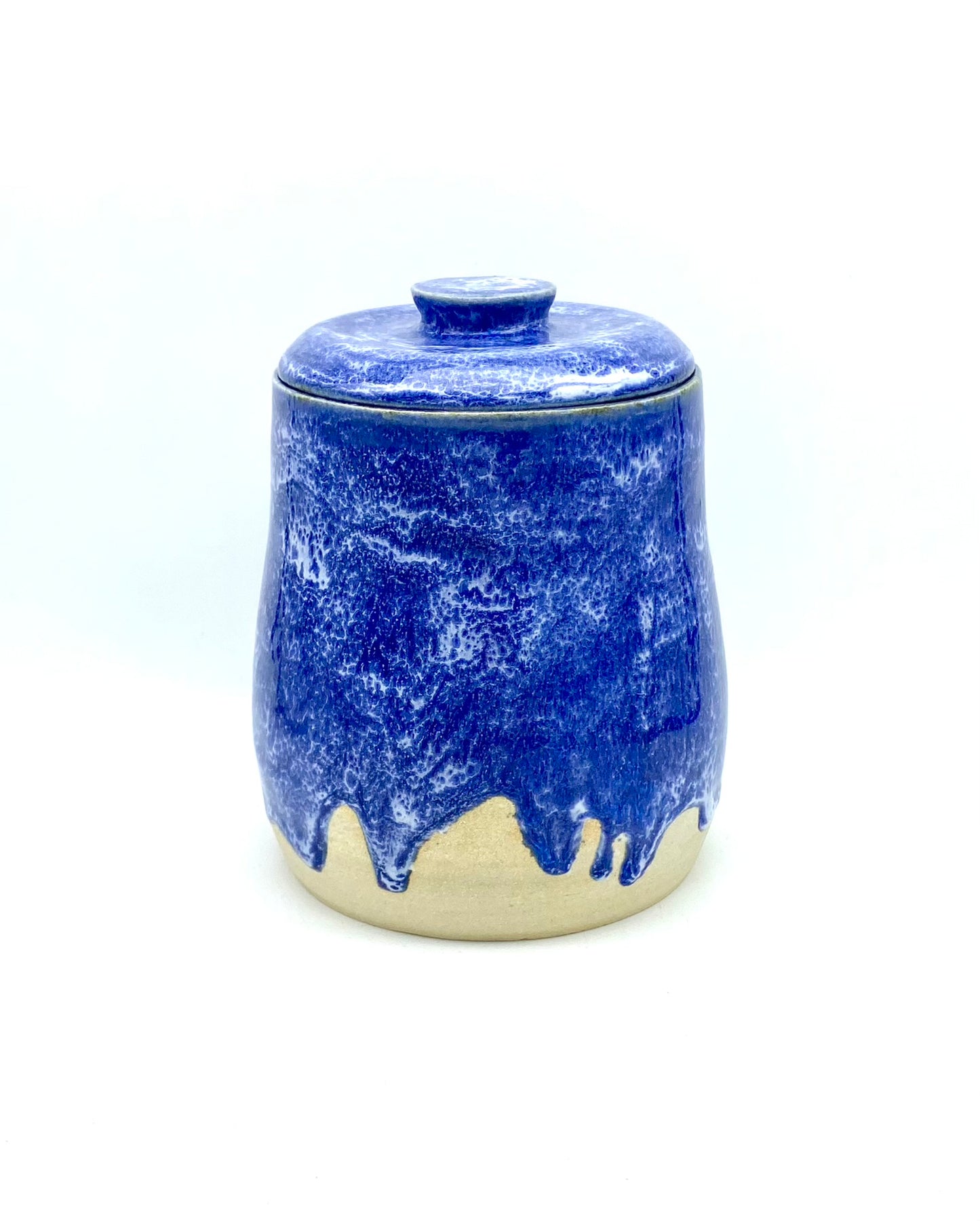 Vibrant lidded pot in mottled blues