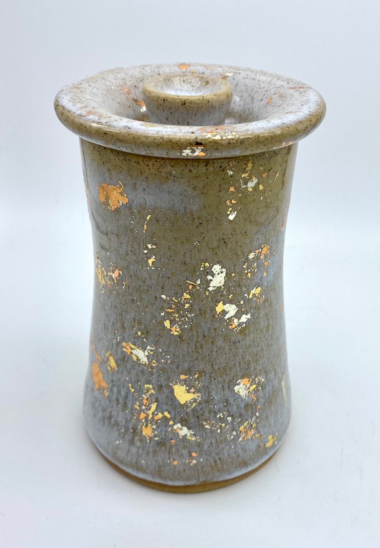 SECOND Lidded pot with copper, gold and silver leaf