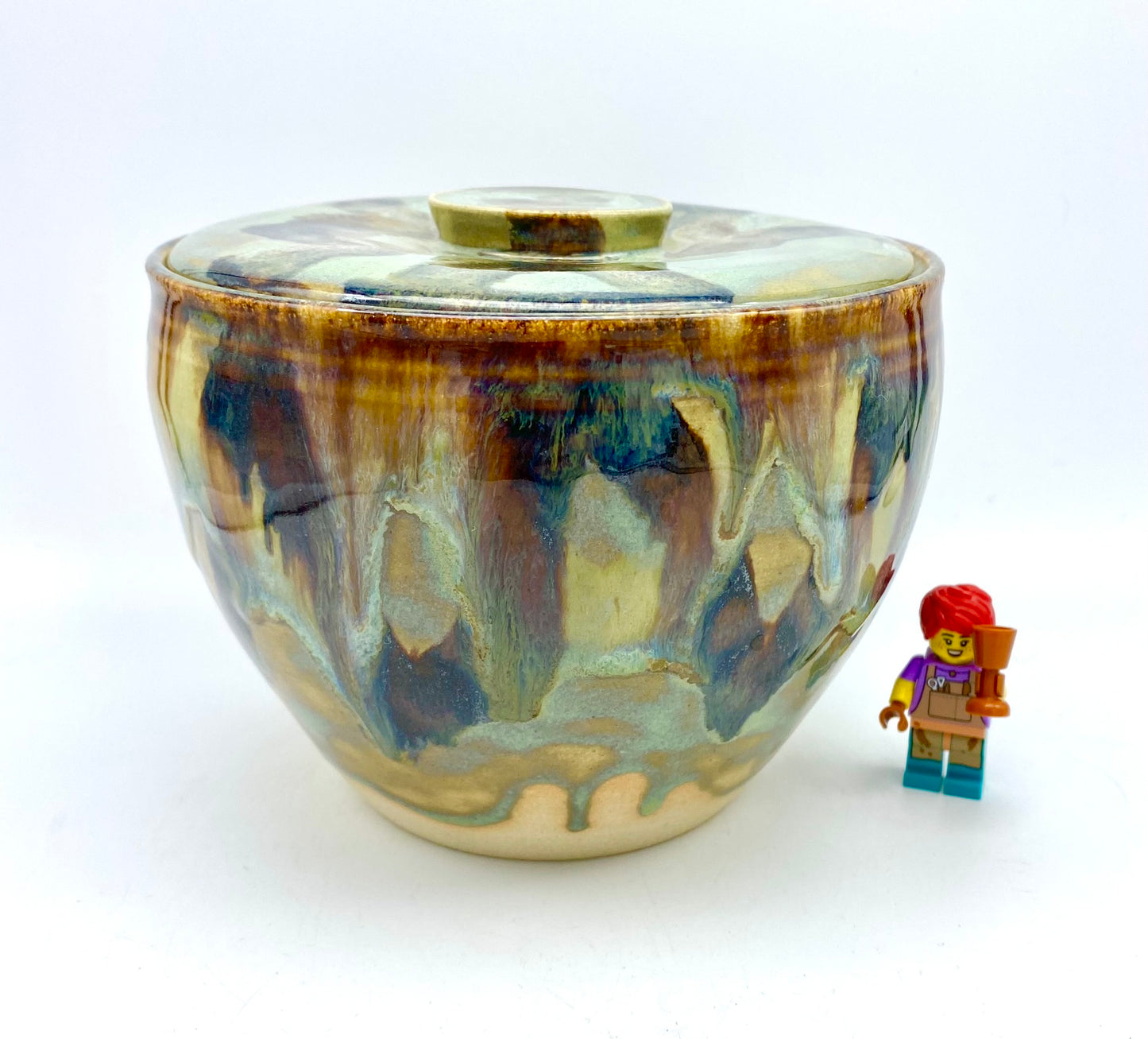 SECOND Lidded pot in beautiful 'aqua falls' glazes