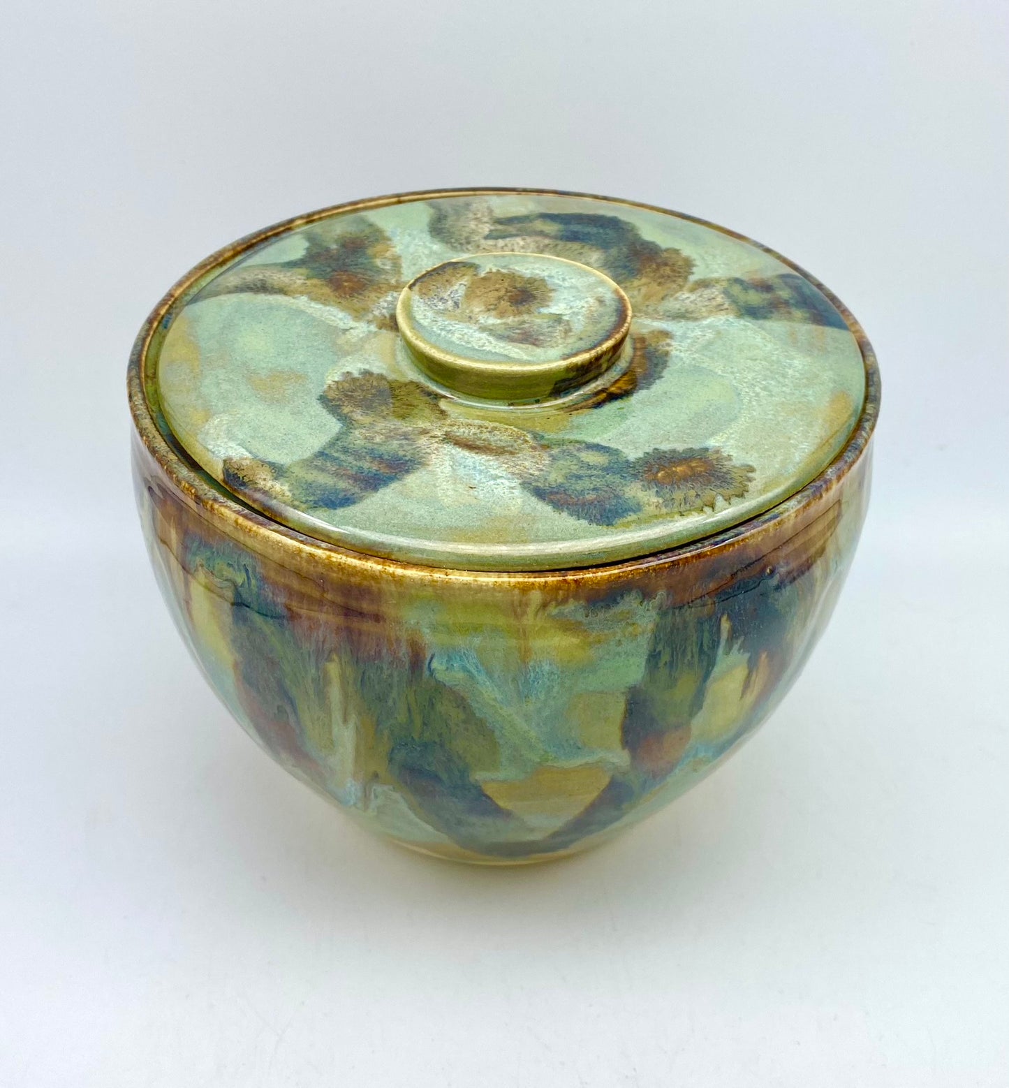 SECOND Lidded pot in beautiful 'aqua falls' glazes