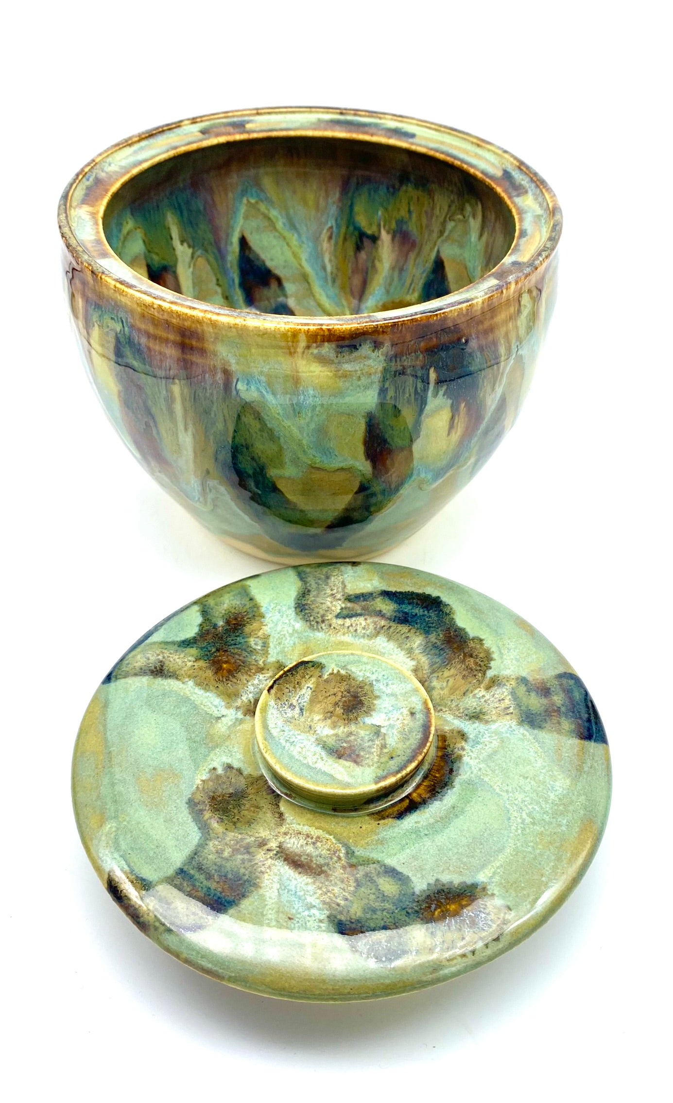 SECOND Lidded pot in beautiful 'aqua falls' glazes