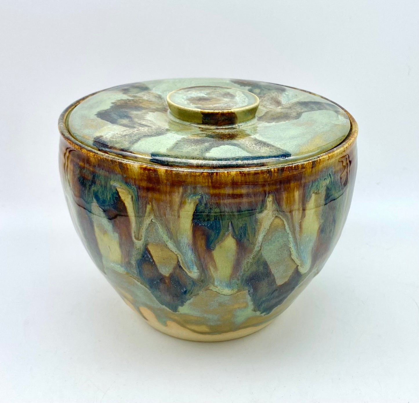 SECOND Lidded pot in beautiful 'aqua falls' glazes