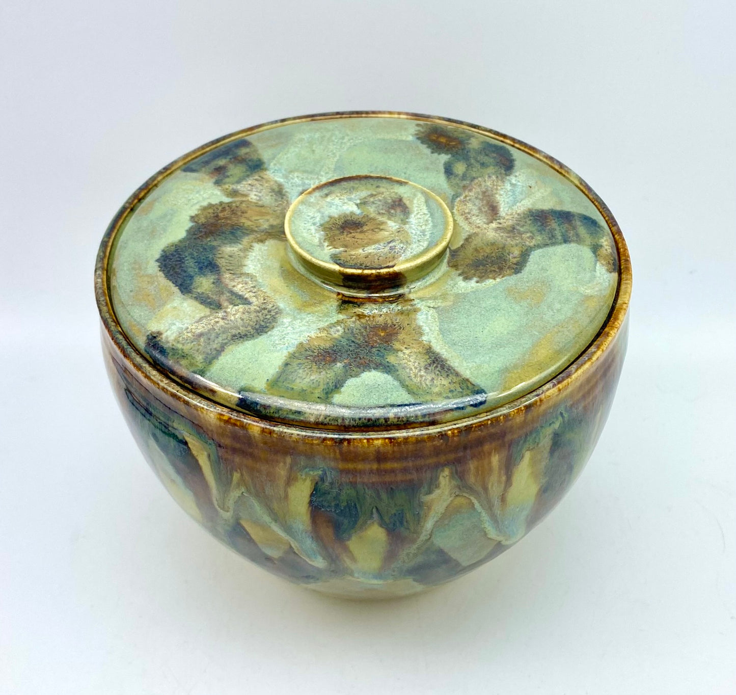 SECOND Lidded pot in beautiful 'aqua falls' glazes