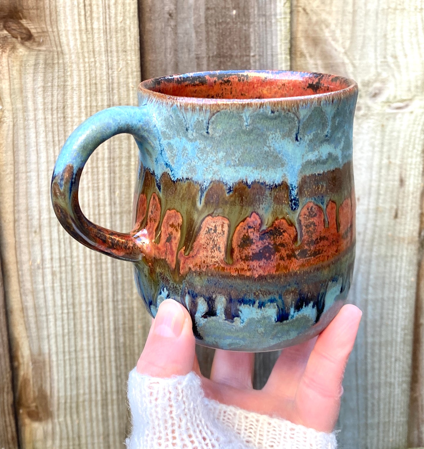 Stunning mug in blues and coppers