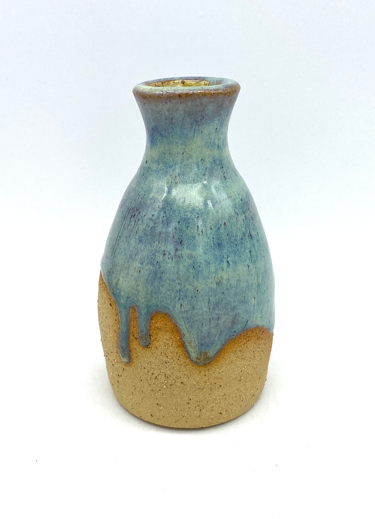 Bud vase in toasty clay with blue green glaze