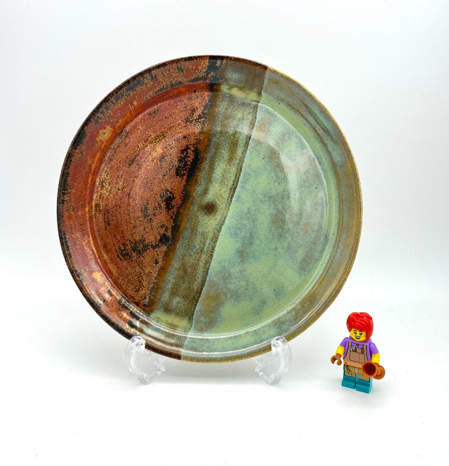 Side plate in greens and shiny copper