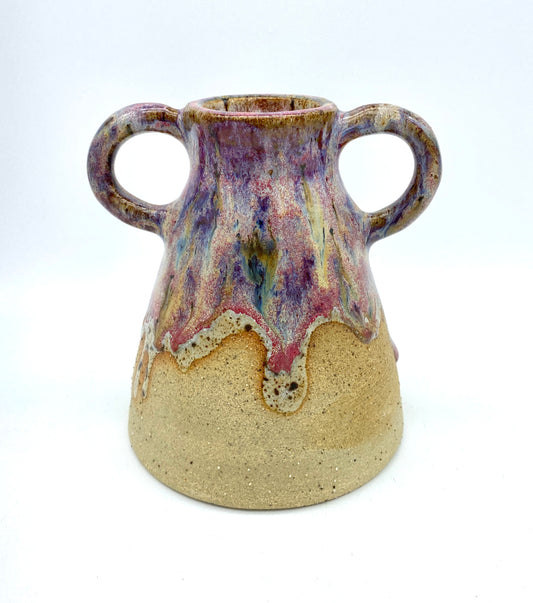 Stunning two-handled vase in toasty clay and purple glazes