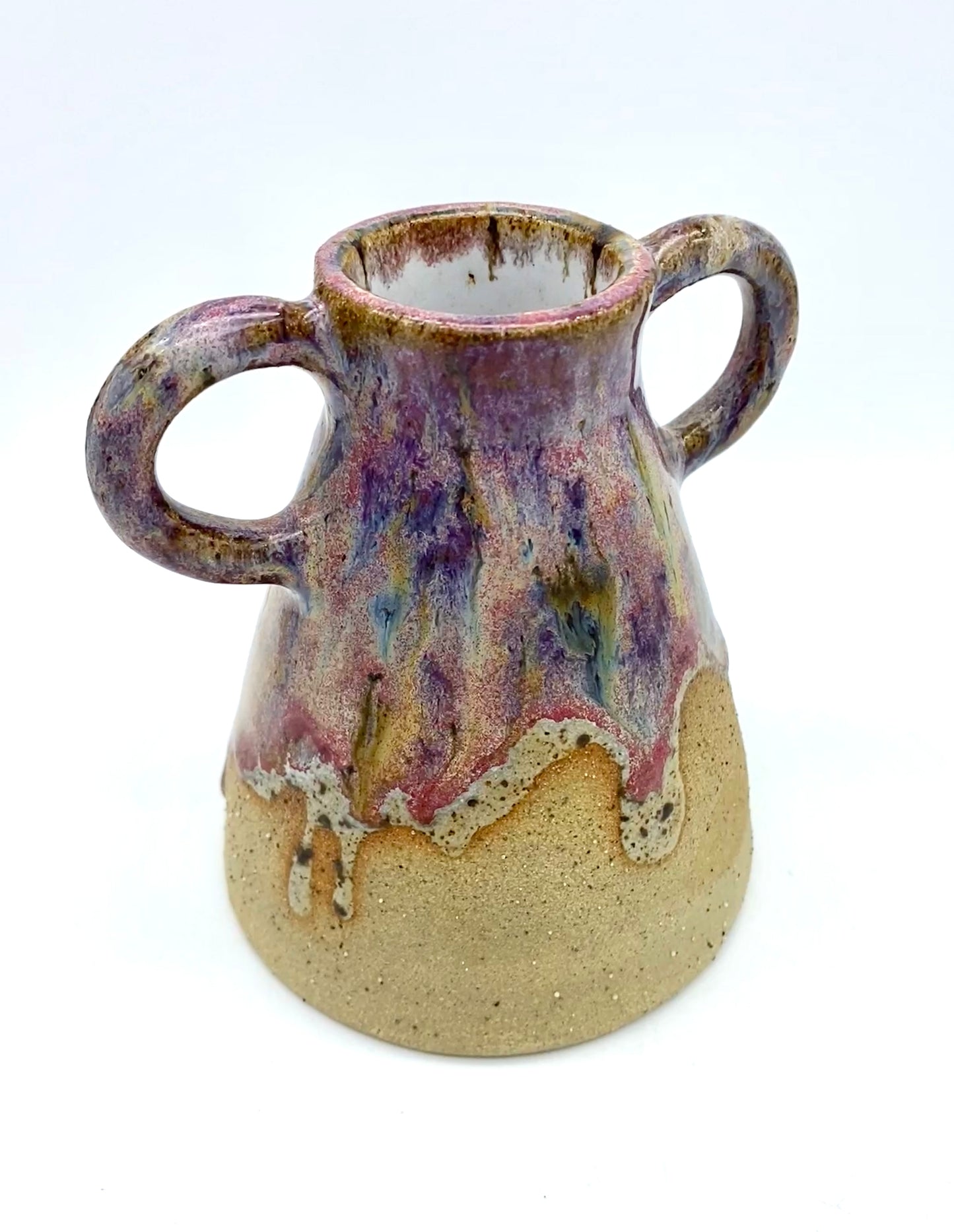 Stunning two-handled vase in toasty clay and purple glazes