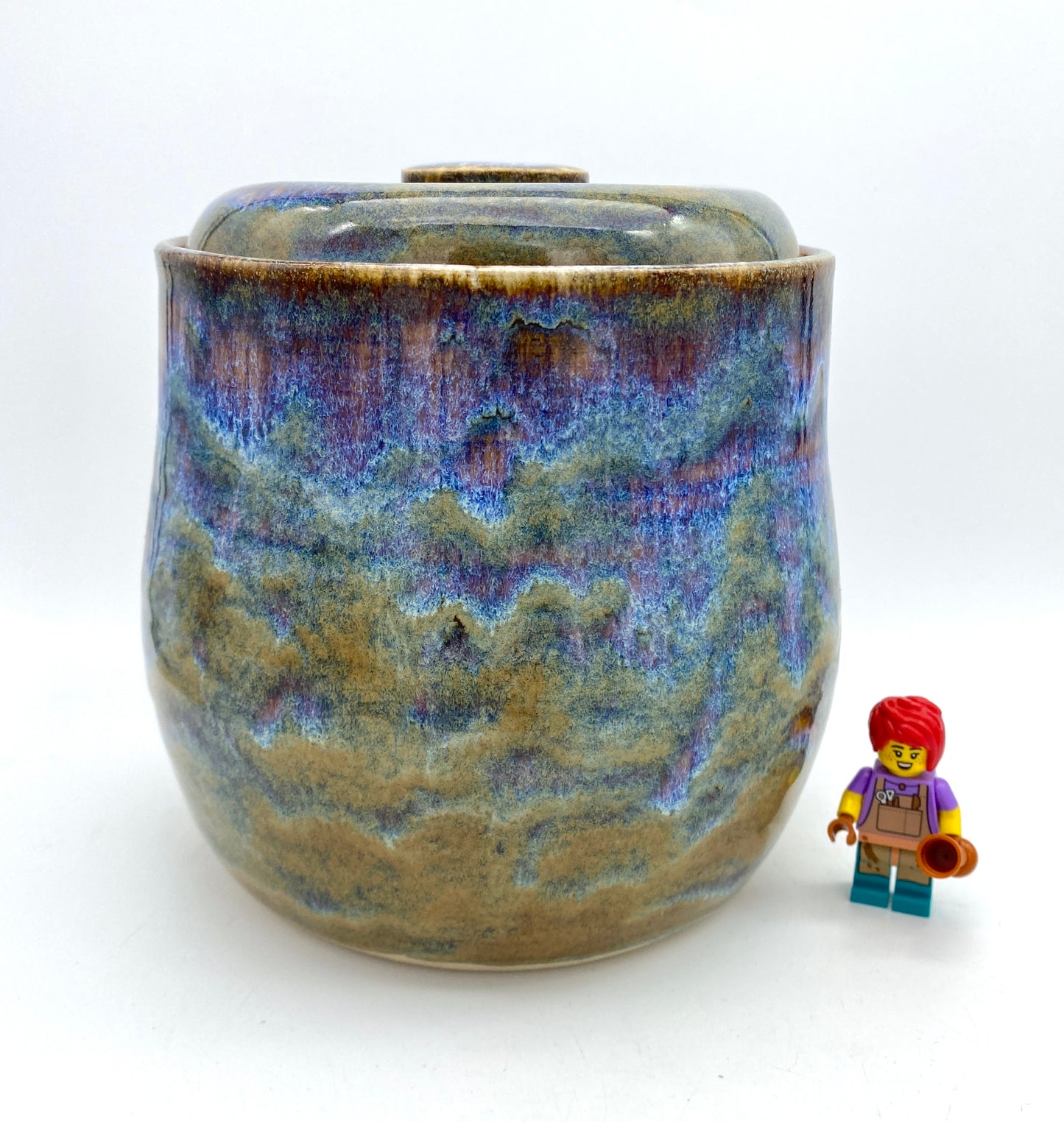 SECOND Lidded pot in 'heathery moors' glazes