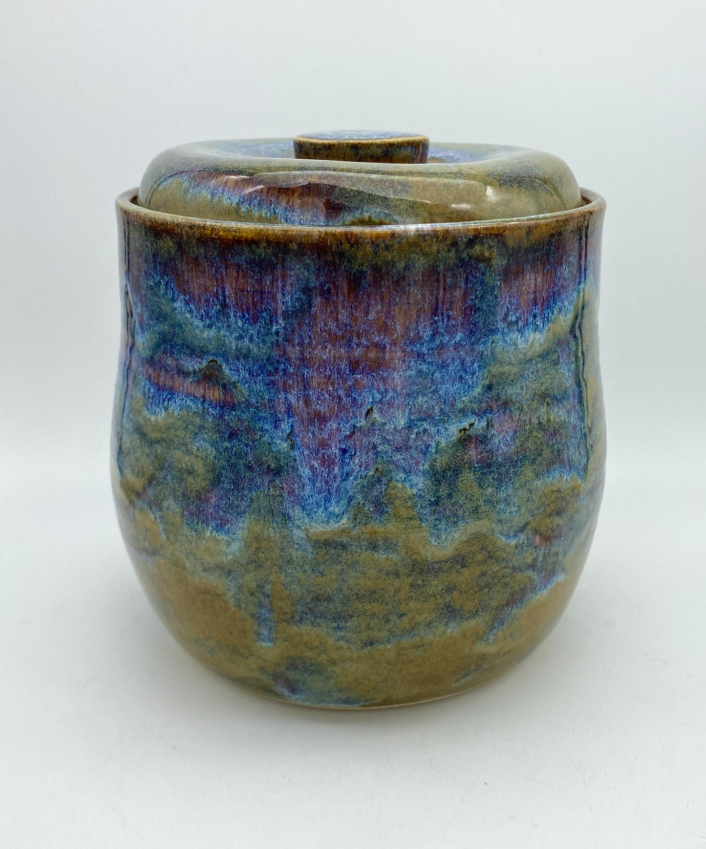 SECOND Lidded pot in 'heathery moors' glazes