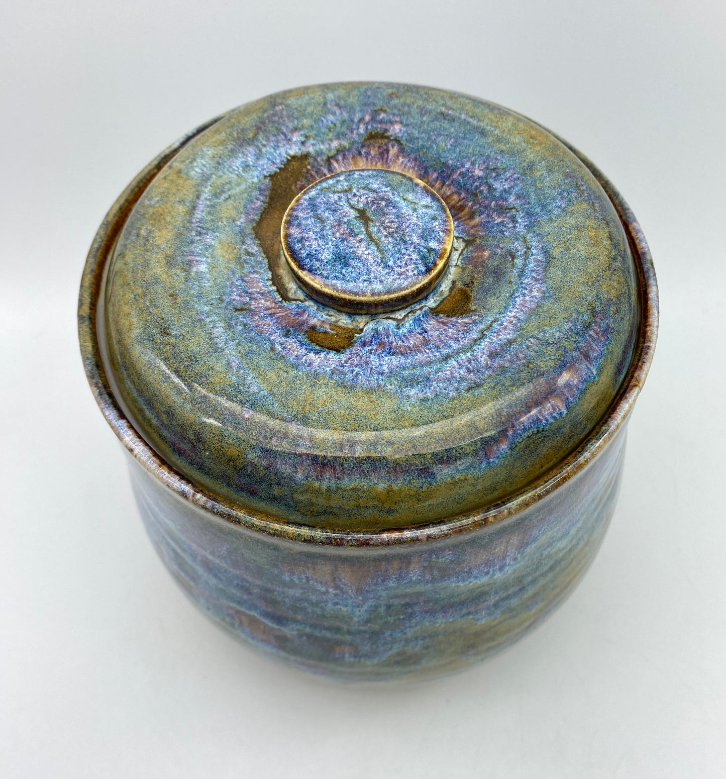 SECOND Lidded pot in 'heathery moors' glazes